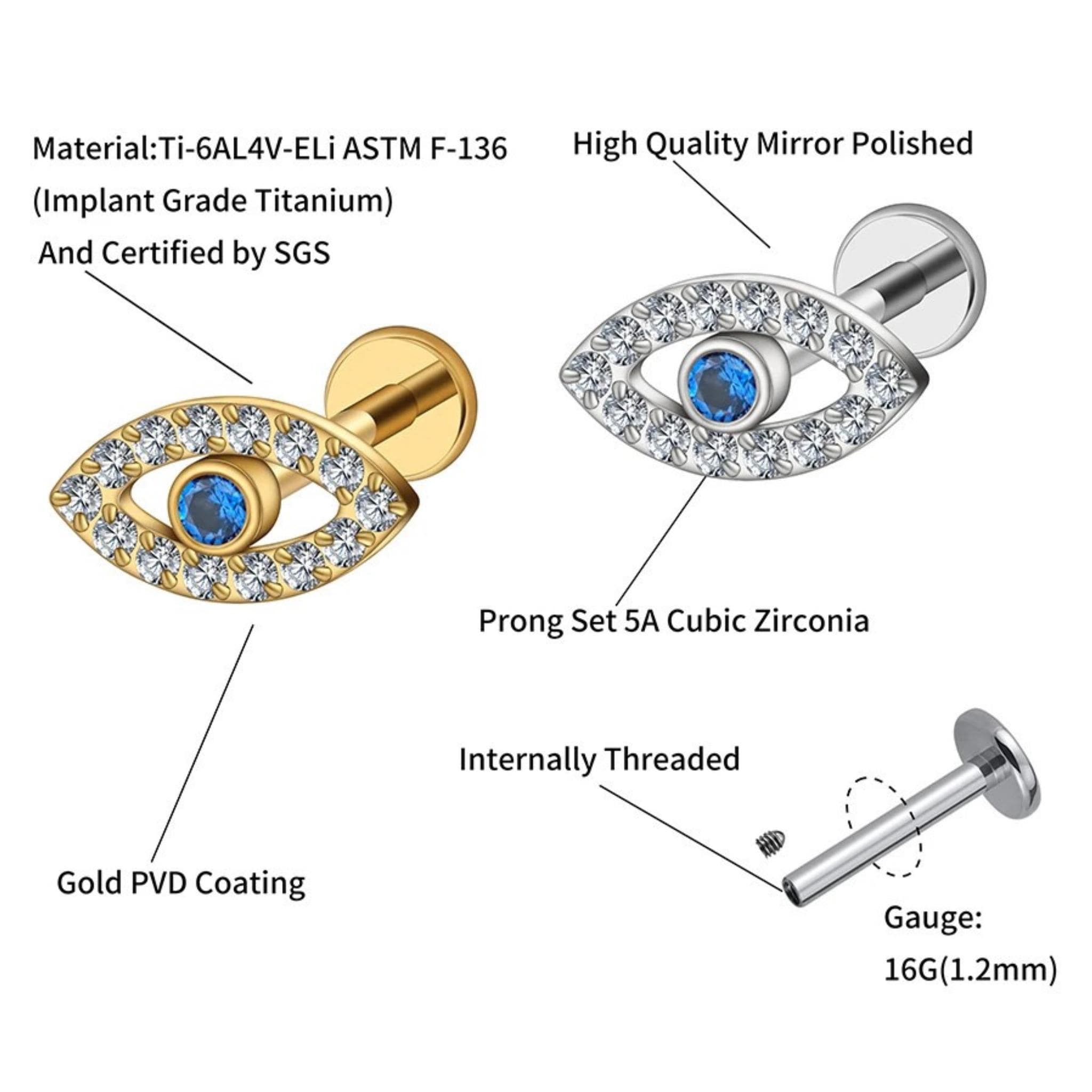 16G Titanium Evil Eye Labret Stud • Internally Threaded Flat Back Earring • Cartilage, Helix & Tragus Piercing Jewelry
