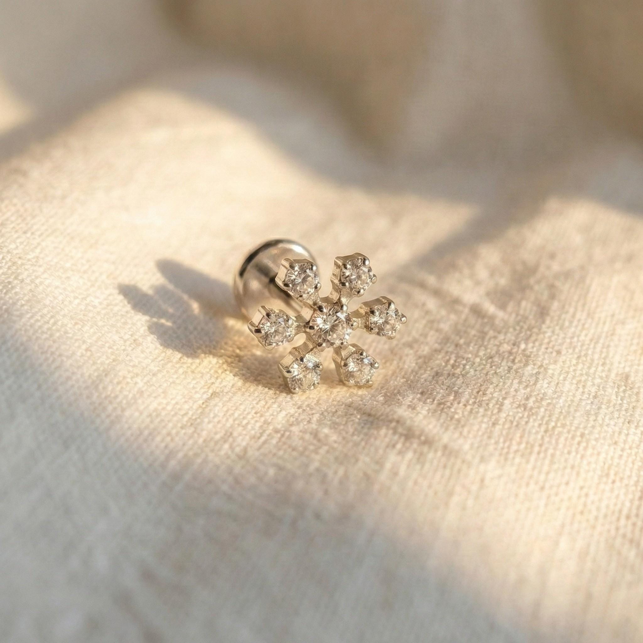 16G Titanium Snowflake Stud, Tiny CZ Winter Flat Back Earring, Threaded Helix Tragus Conch Piercing, Christmas Jewelry Gift