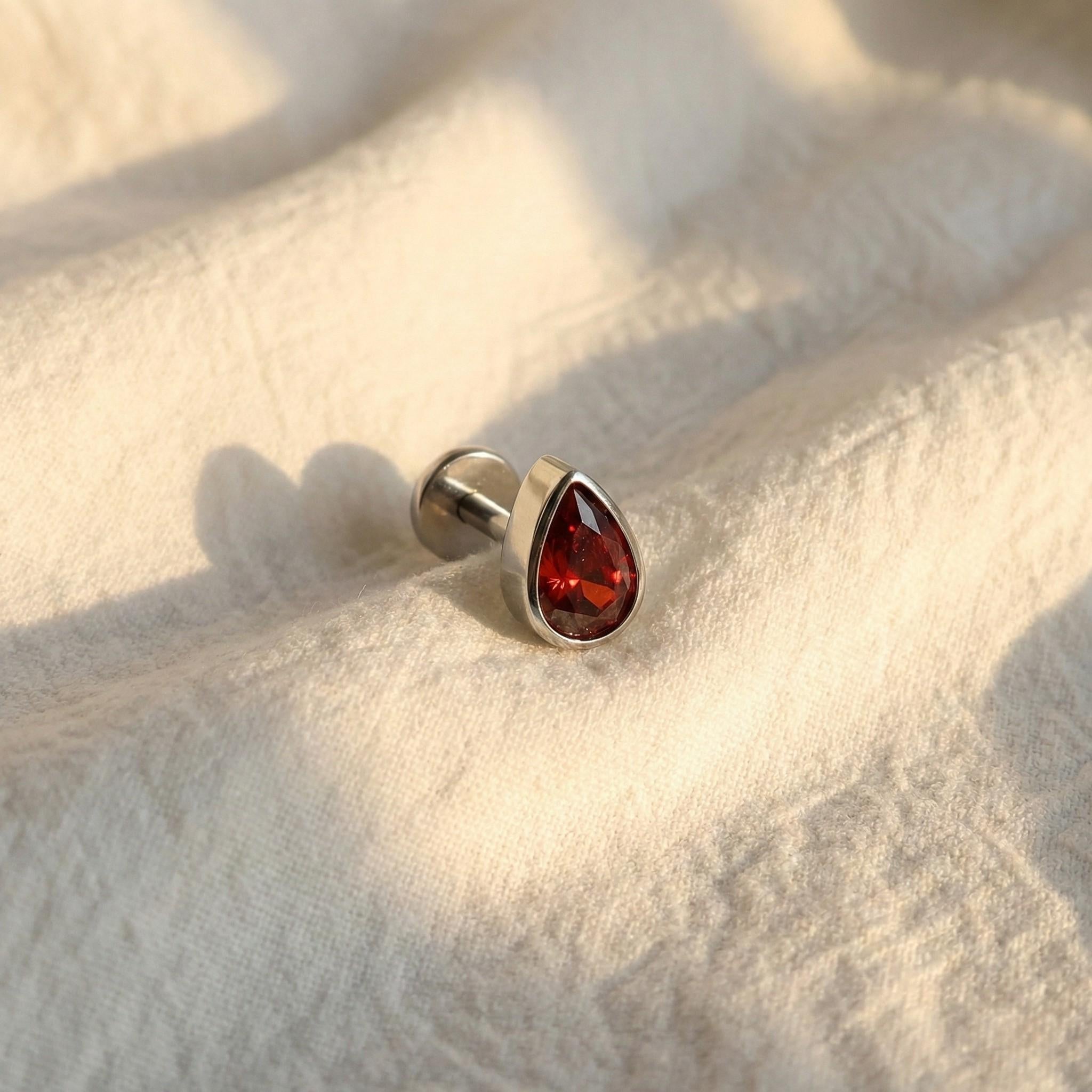 16G Titanium Teardrop Garnet CZ Labret • Flat Back Stud • Cartilage, Helix & Tragus Earring • Hypoallergenic Piercing Jewelry