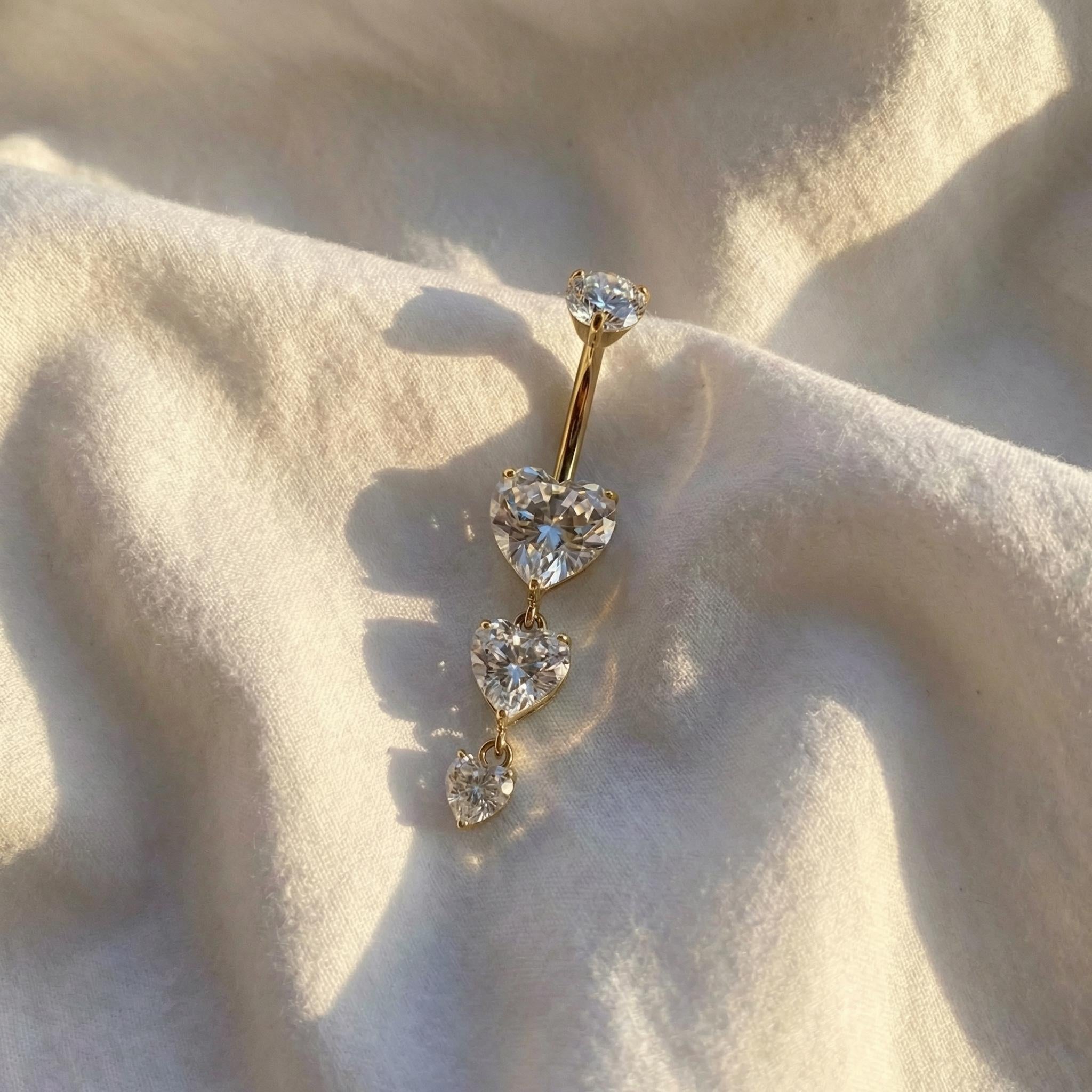 14G Titanium Belly Button Ring, Triple Heart CZ Dangle Navel Piercing, Curved Barbell Body Jewelry, Romantic Implant Grade Belly Ring