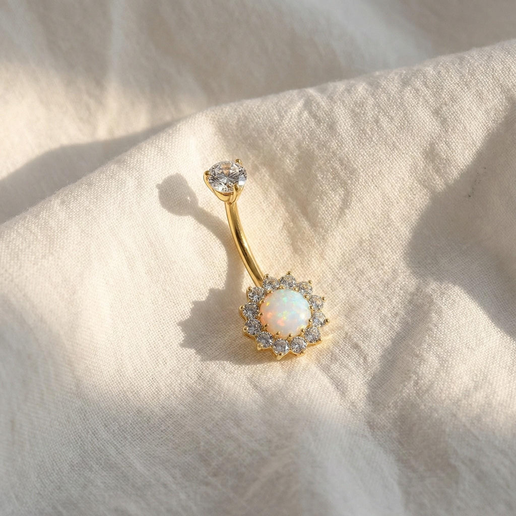14G Titanium Halo Belly Ring, Opal Garnet CZ Navel Piercing, Luxurious Round Gem Body Jewelry, Curved Barbell ASTM F136
