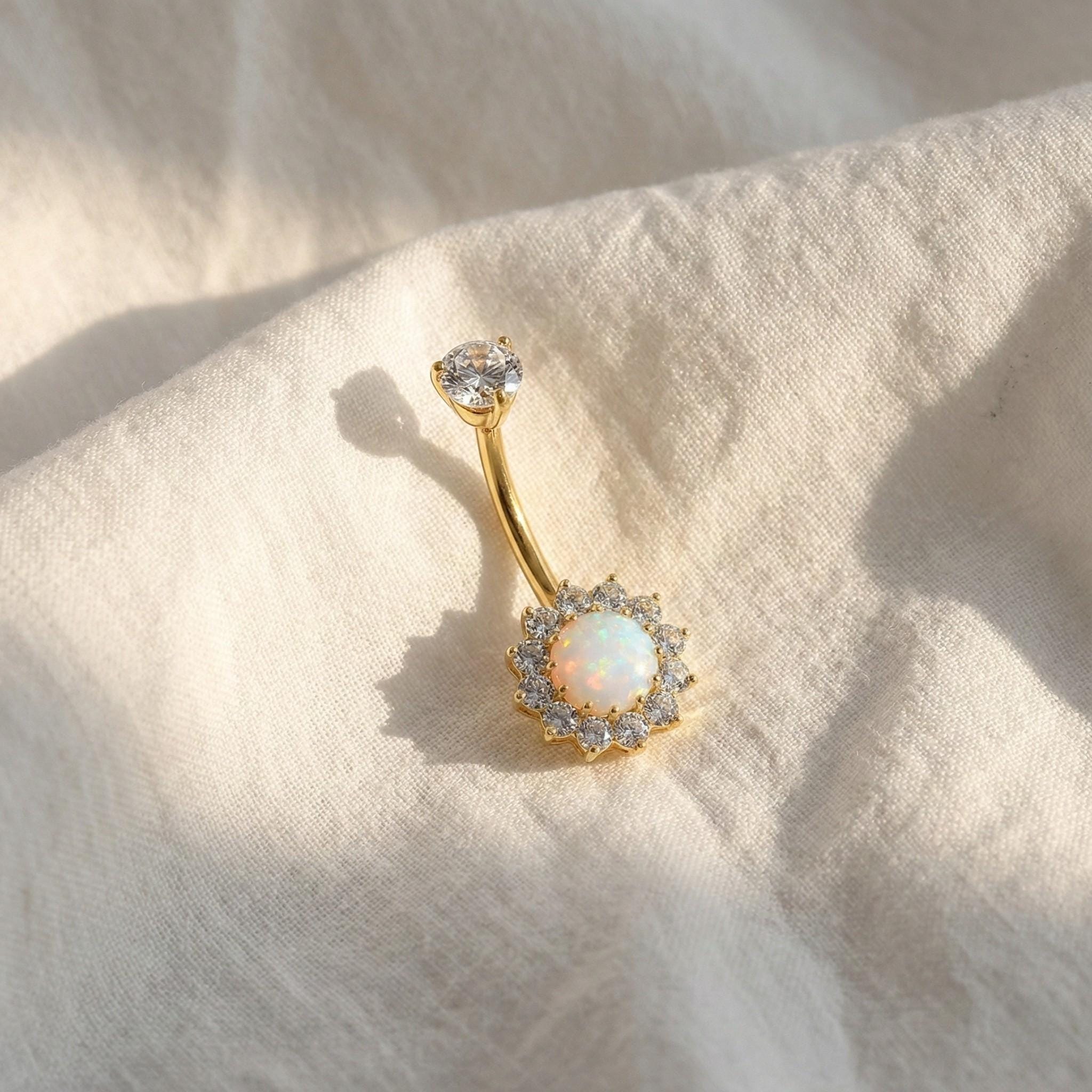 14G Titanium Halo Belly Ring, Opal Garnet CZ Navel Piercing, Luxurious Round Gem Body Jewelry, Curved Barbell ASTM F136