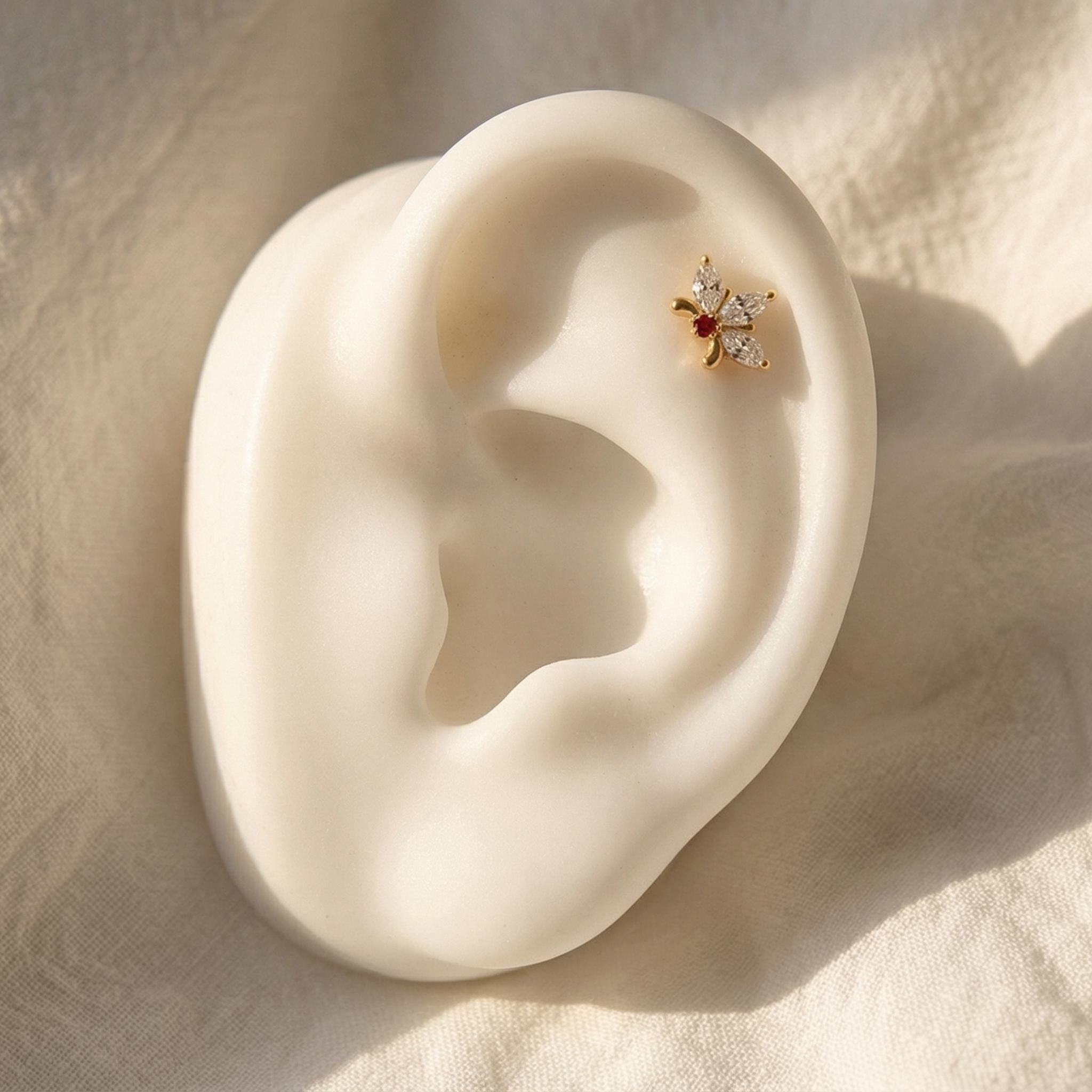 16G Red Garnet Star Stud, Marquise CZ Flat Back Labret, Vintage Cartilage Earring, Conch Helix Tragus Piercing