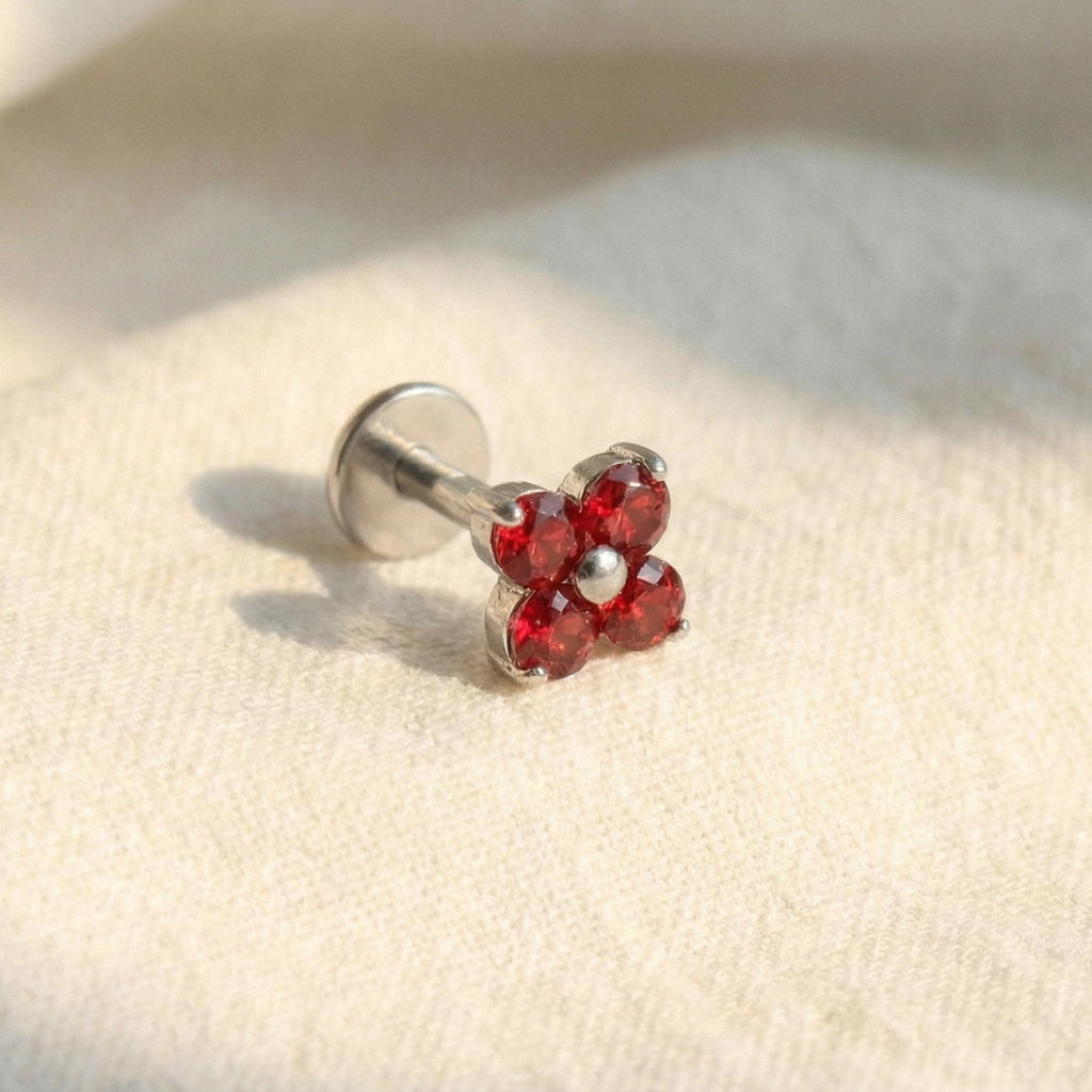16G Titanium Clover Stud, 4 Petal Flower CZ Labret, Flat Back Helix Tragus Earring, Internally Threaded Cartilage Piercing