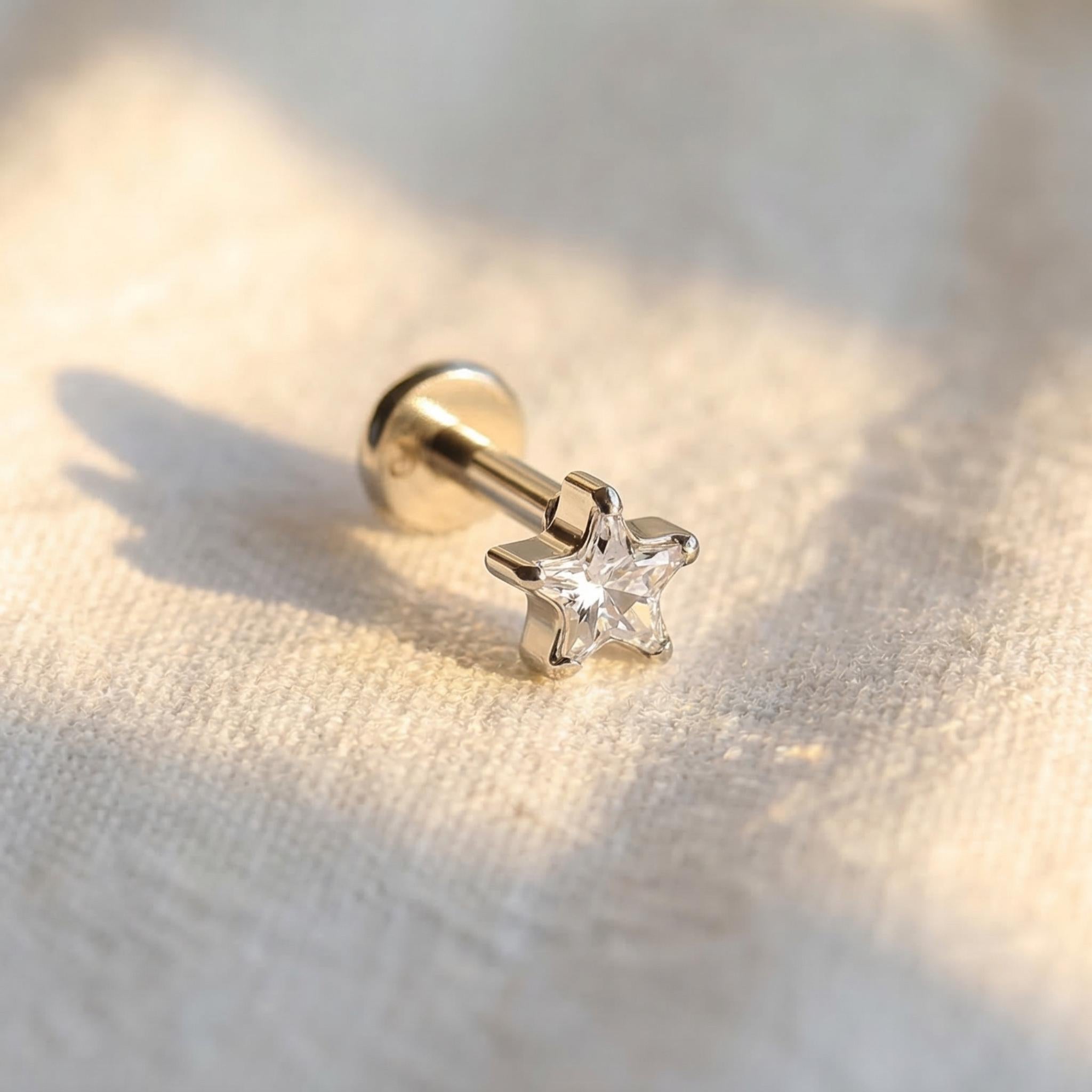 16G Titanium Cz Star Threadless Push Pin Labret, Star Flat Back Earring, Cartilage Stud, Nose Tragus Conch Helix Stud