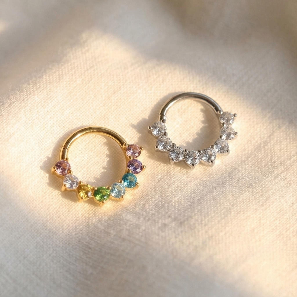 16G Titanium CZ Paved Septum Clicker, Hinged Daith Hoop, Sparkly Nose Ring, Hypoallergenic Cartilage Piercing