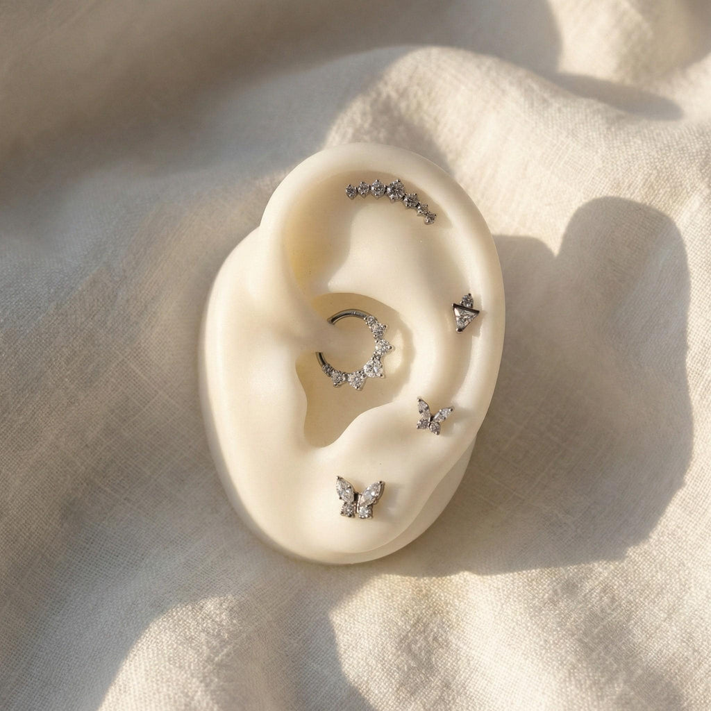 16G Titanium CZ Curved Bar Stud • Internally Threaded Flat Back Earring for Inner Conch, Helix, Cartilage & Labret Piercings