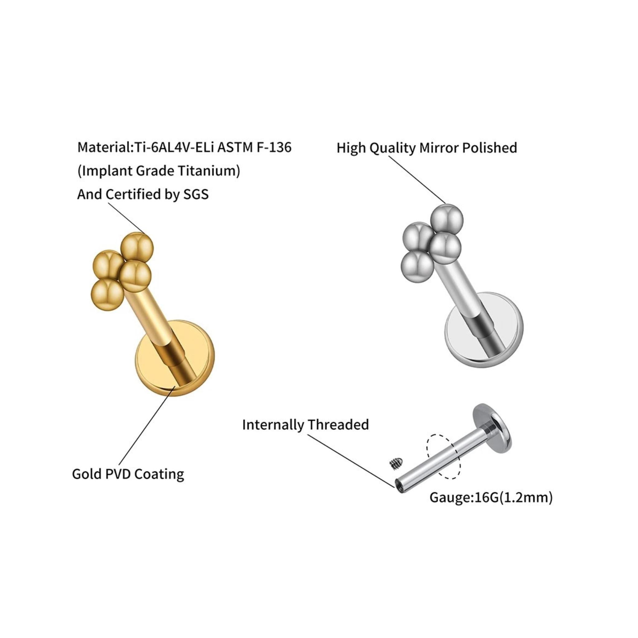 16G Titanium 4 Bead Cluster Stud, Mini Gold Silver Ball Labret, Minimalist Tragus Helix Conch Earring, Dainty Nose Piercing