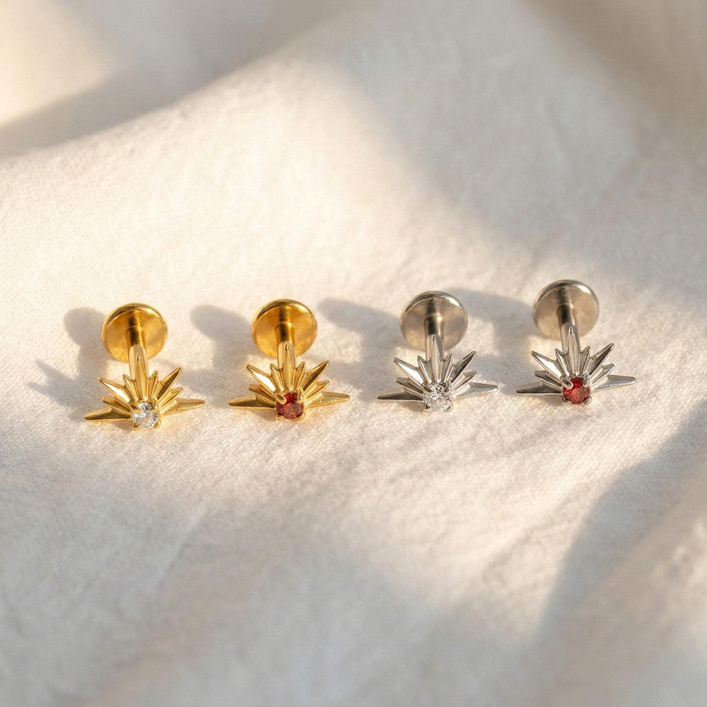 16G Titanium CZ Starburst Stud • Sunrise Flat Back Earring for Helix, Tragus, Cartilage & Monroe Piercings