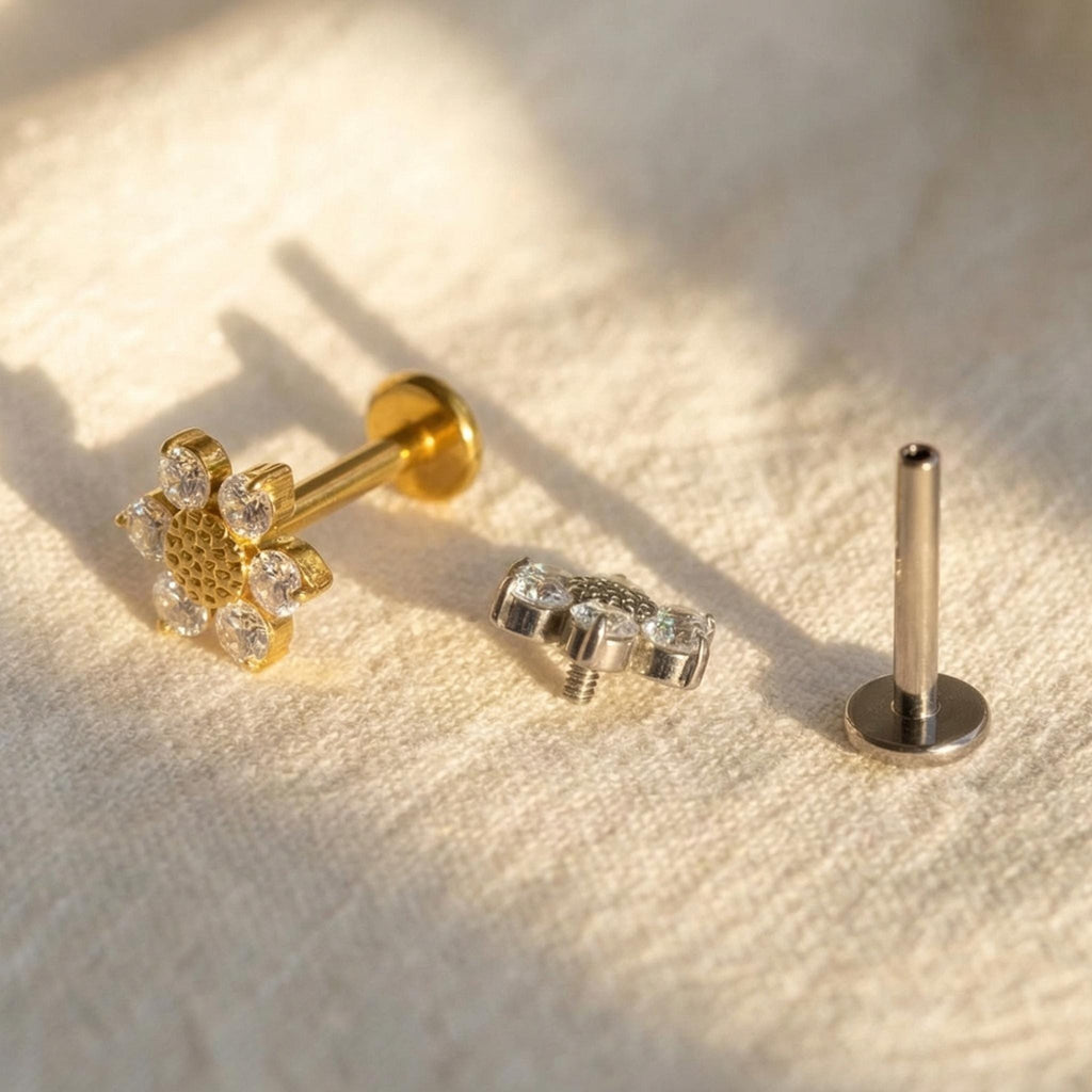 16G Titanium Mini Sunflower Stud, Dainty CZ Floral Cartilage Earring, Flat Back Helix Conch Piercing, Hypoallergenic Labret