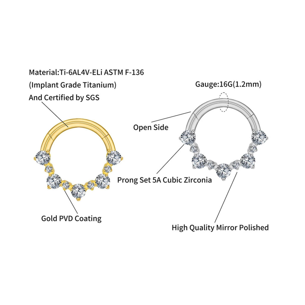 16G Titanium CZ Septum Clicker, Hinged Daith Hoop 8mm 10mm, Paved Segment Ring, Hypoallergenic Cartilage Earring