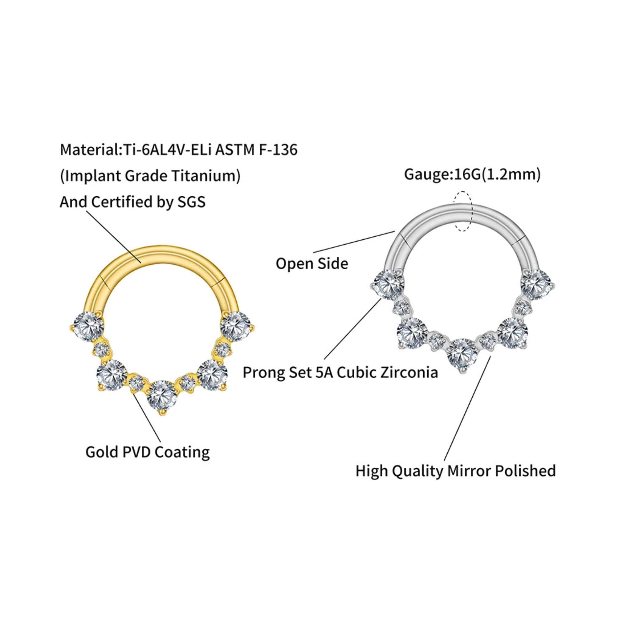16G Titanium CZ Septum Clicker, Hinged Daith Hoop 8mm 10mm, Paved Segment Ring, Hypoallergenic Cartilage Earring