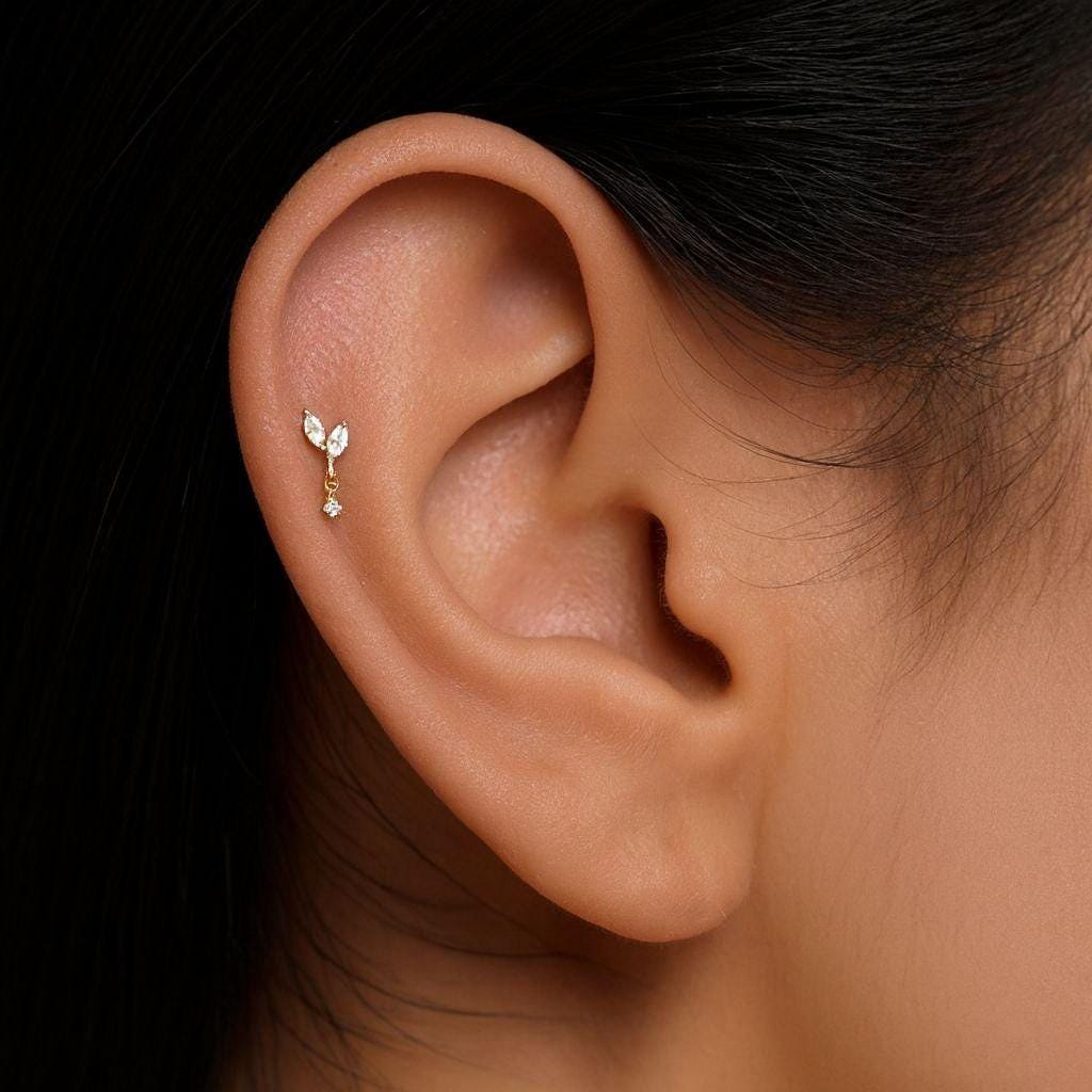 16G Titanium Marquise Dangle Internally Threaded Labret • Flat Back Helix, Tragus & Cartilage Stud Piercing Jewelry
