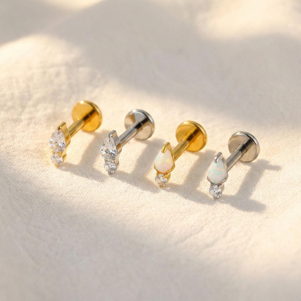 16G Titanium Teardrop Opal Stud, Tiny CZ Accent, Flat Back Labret, Forward Helix Tragus Cartilage Earring, Hypoallergenic