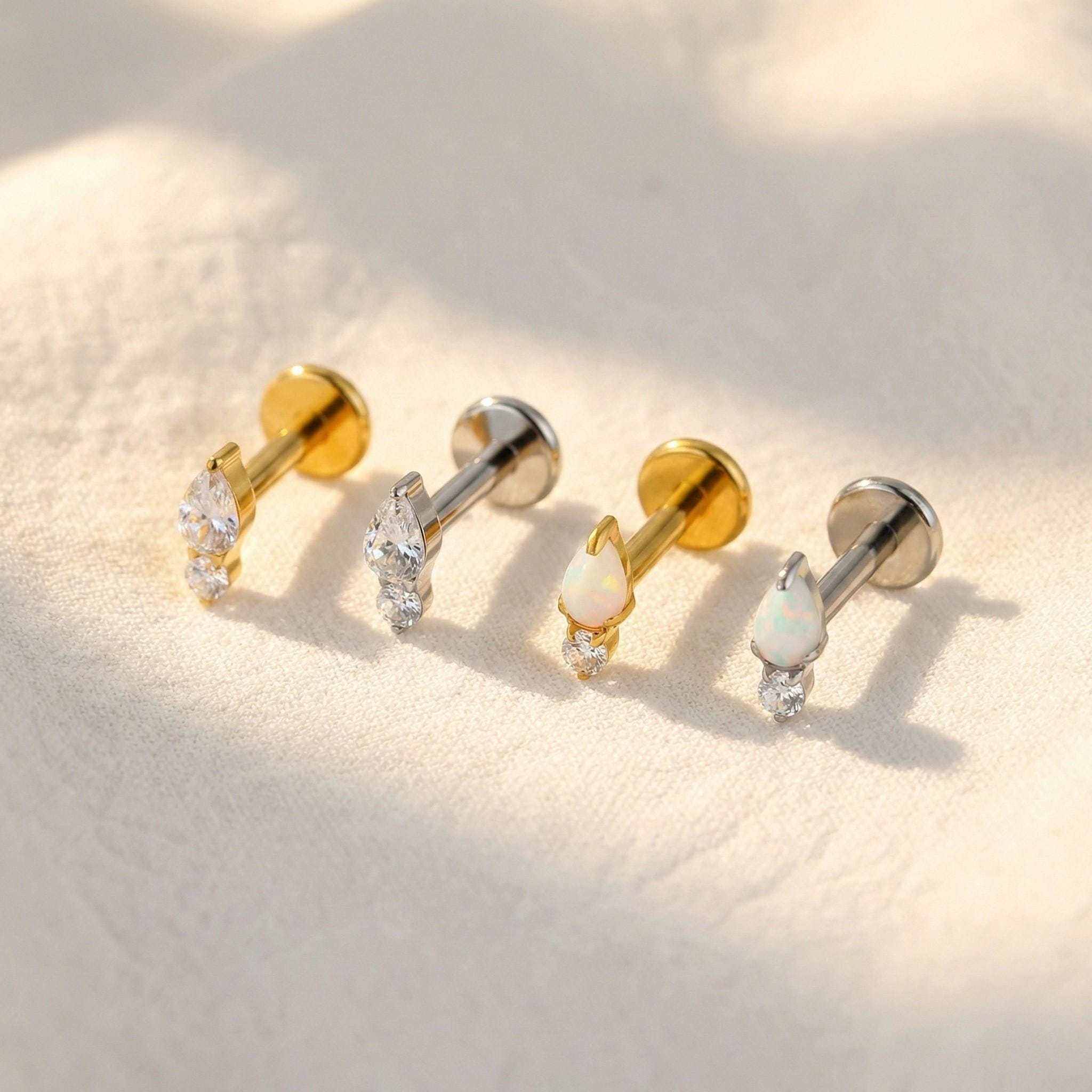 16G Titanium Teardrop Opal Stud, Tiny CZ Accent, Flat Back Labret, Forward Helix Tragus Cartilage Earring, Hypoallergenic