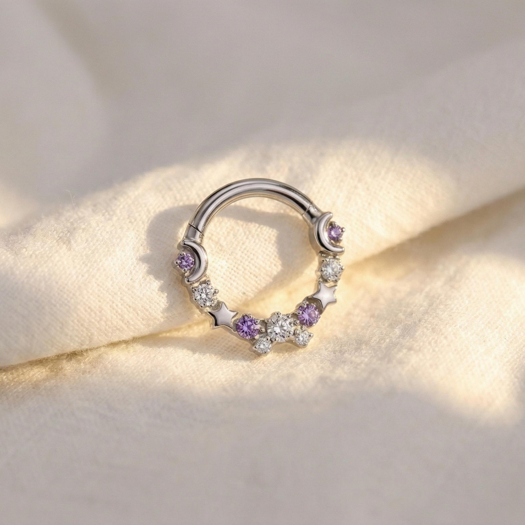16G Titanium Moon and Star Septum Clicker, Celestial CZ Daith Hoop, Hinged Segment Ring, Hypoallergenic Cartilage Earring