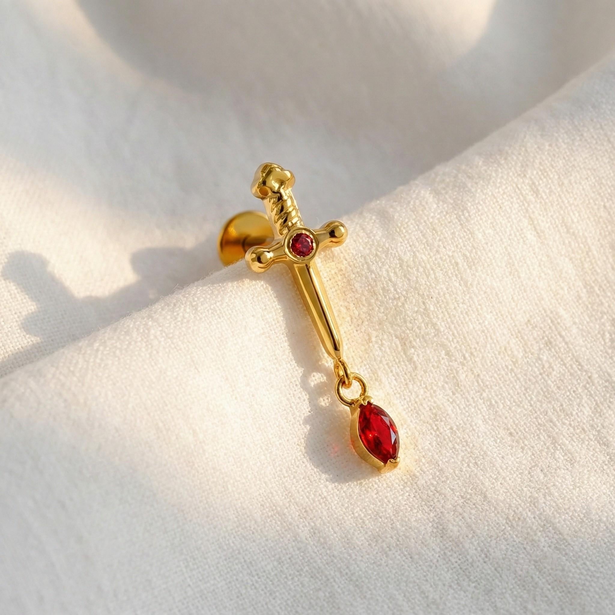 16G Sword Marquise Dangle Flat Back Stud, Screw Back Earrings, Internally Threaded, Cartilage, Conch, Helix, Tragus, Gold, Silver