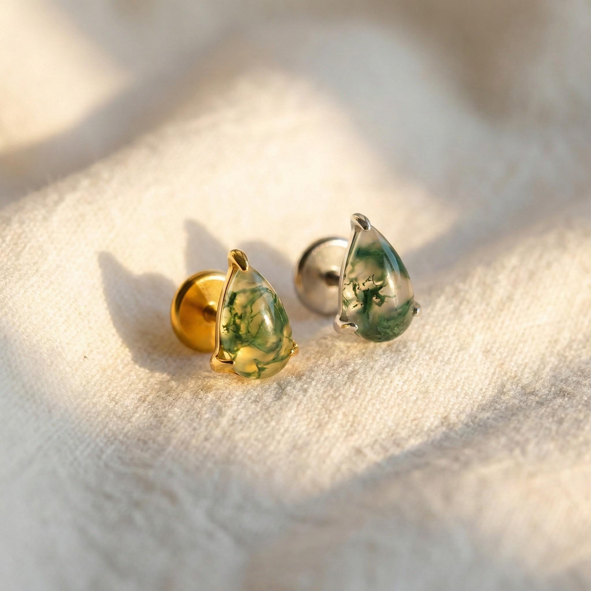 16G Titanium Pear Moss Agate Stud, Natural Stone Flat Back Labret, Teardrop Helix Tragus Earring, Hypoallergenic Cartilage Piercing