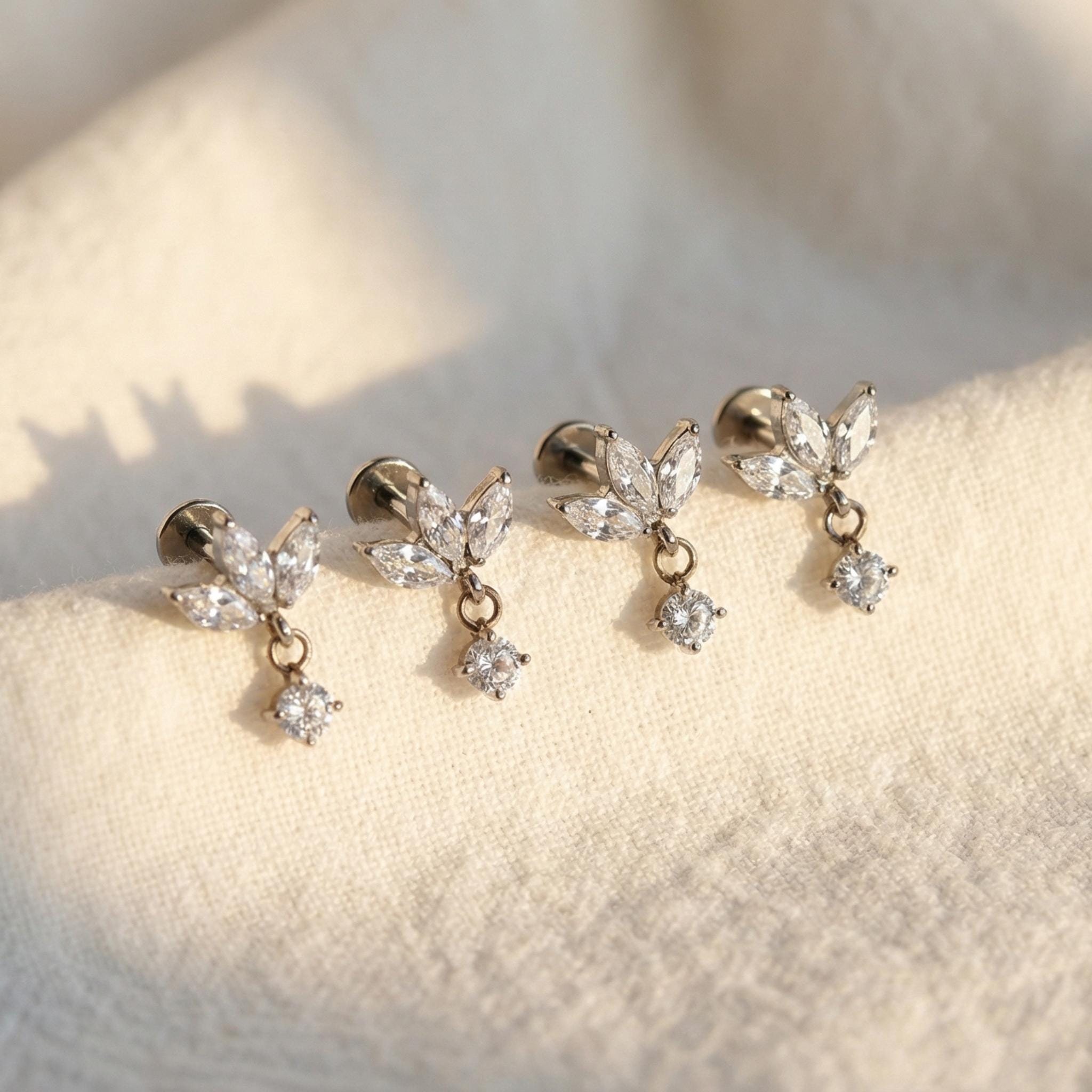 Titanium Internally Threaded Labret, Triple Marquise Fan Stud, 16G Flat Back, Helix Conch Tragus Earring, Hypoallergenic