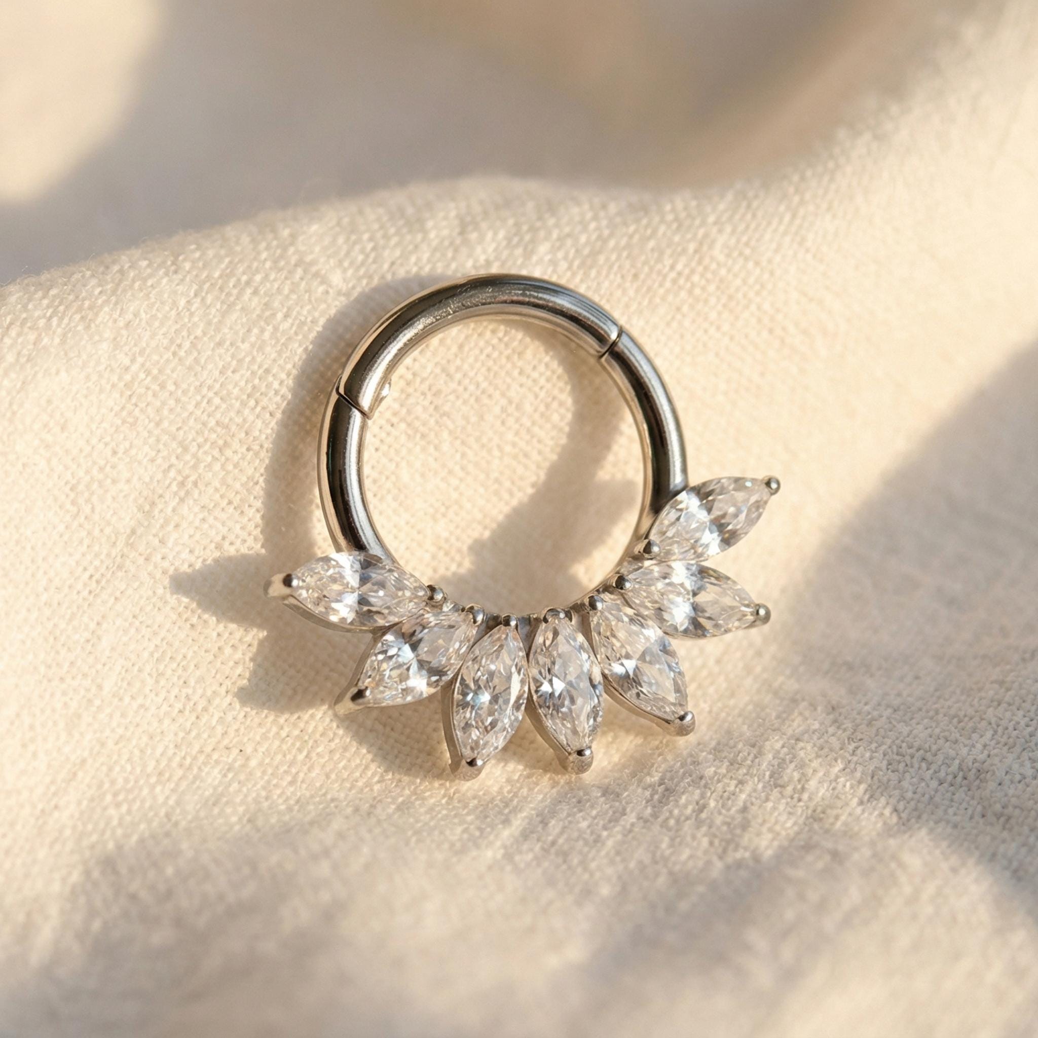 16G ASTM F136 Titanium Marquise CZ Septum Clicker, Hinged Daith Hoop, Hypoallergenic Cartilage Earring, Elegant Nose Ring