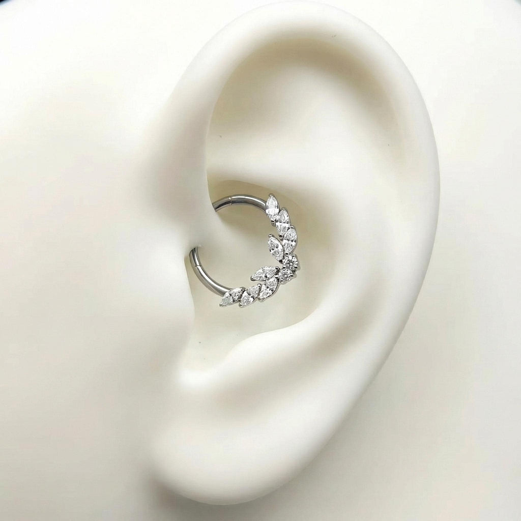 16G Titanium Butterfly Septum Clicker, Laurel CZ Daith Hoop, ASTM F136 Hinged Cartilage Earring, Botanical Helix Tragus Piercing