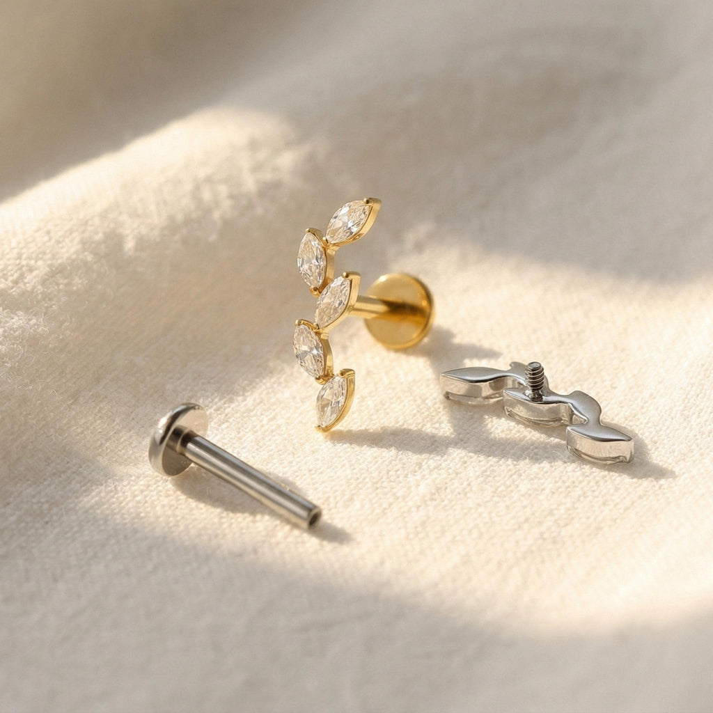 16G Titanium Leaf Ear Climber, 5 Marquise CZ Flat Back Labret, Cartilage Helix Crawler Stud, Hypoallergenic Piercing Jewelry