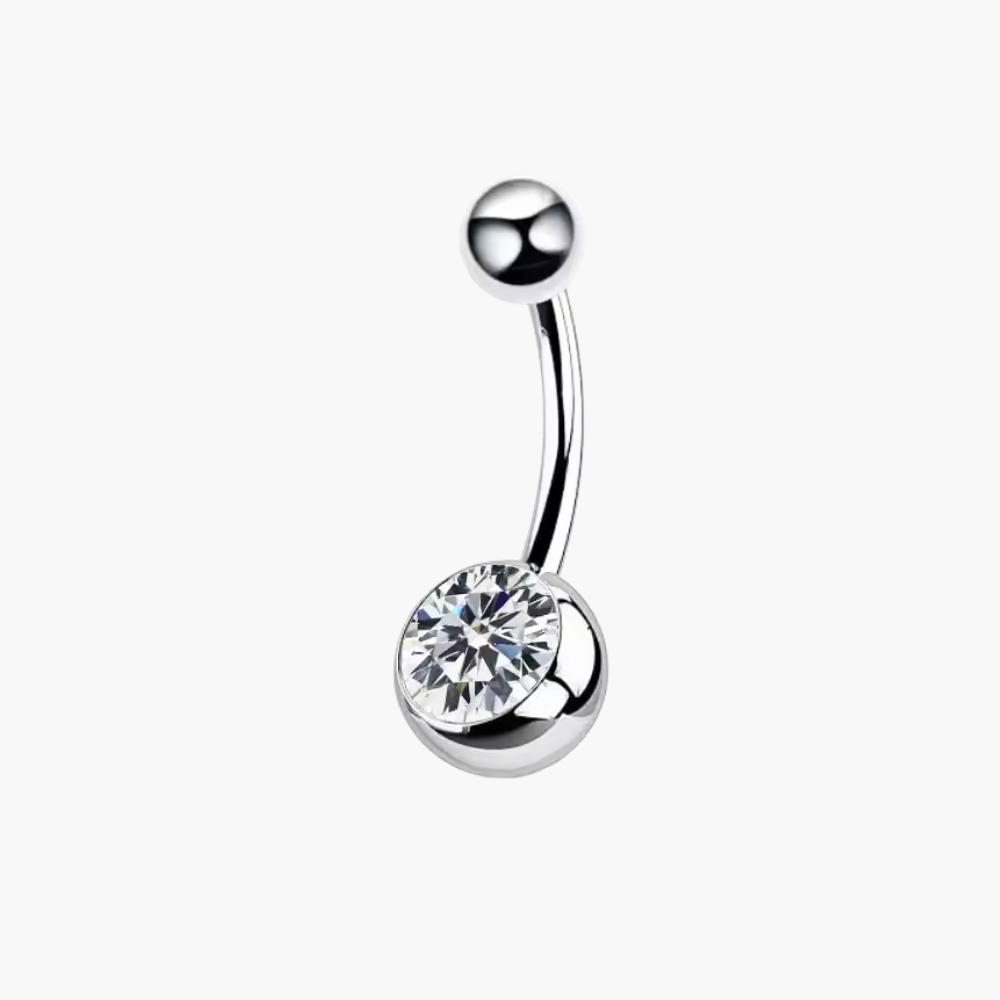 Implant-grade titanium (ASTM F136) internally threaded banana barbell with a CZ ball for navel piercings