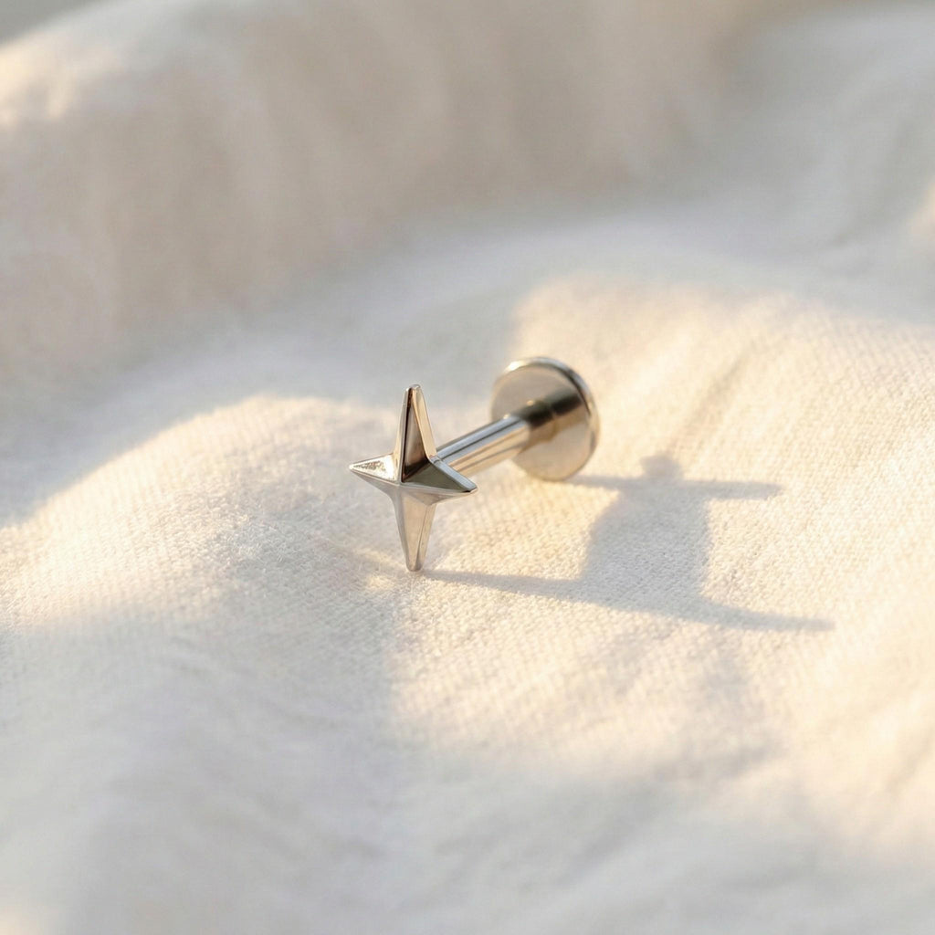 16G Titanium Four Point Star Stud, Solid North Star Flat Back, Minimalist Helix Tragus Conch Earring, Tiny Nose Piercing Labret
