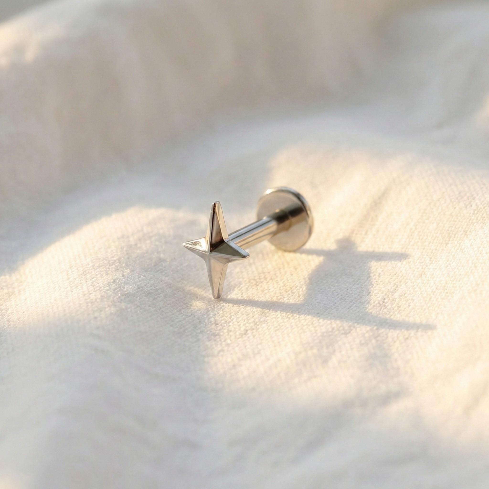 16G Titanium Four Point Star Stud, Solid North Star Flat Back, Minimalist Helix Tragus Conch Earring, Tiny Nose Piercing Labret