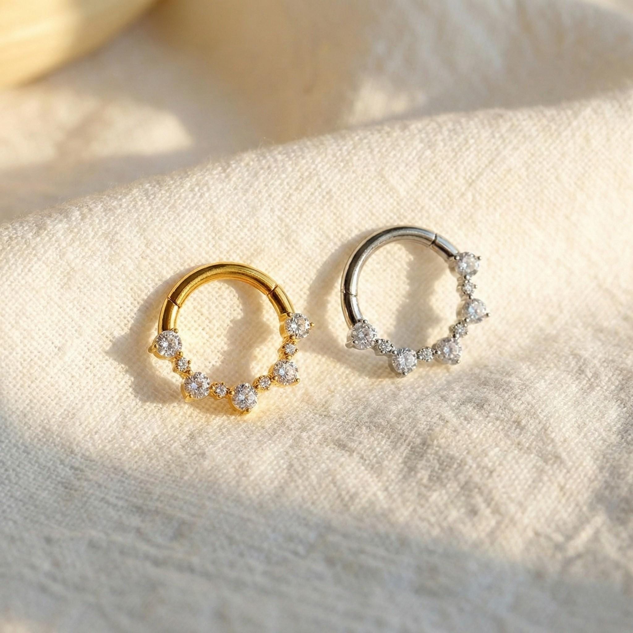 16G Titanium CZ Septum Clicker, Hinged Daith Hoop 8mm 10mm, Paved Segment Ring, Hypoallergenic Cartilage Earring