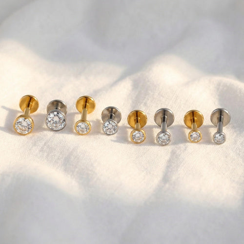 Surgical steel CZ (cubic zirconia) flat-back labret stud for helix, tragus and nose piercings