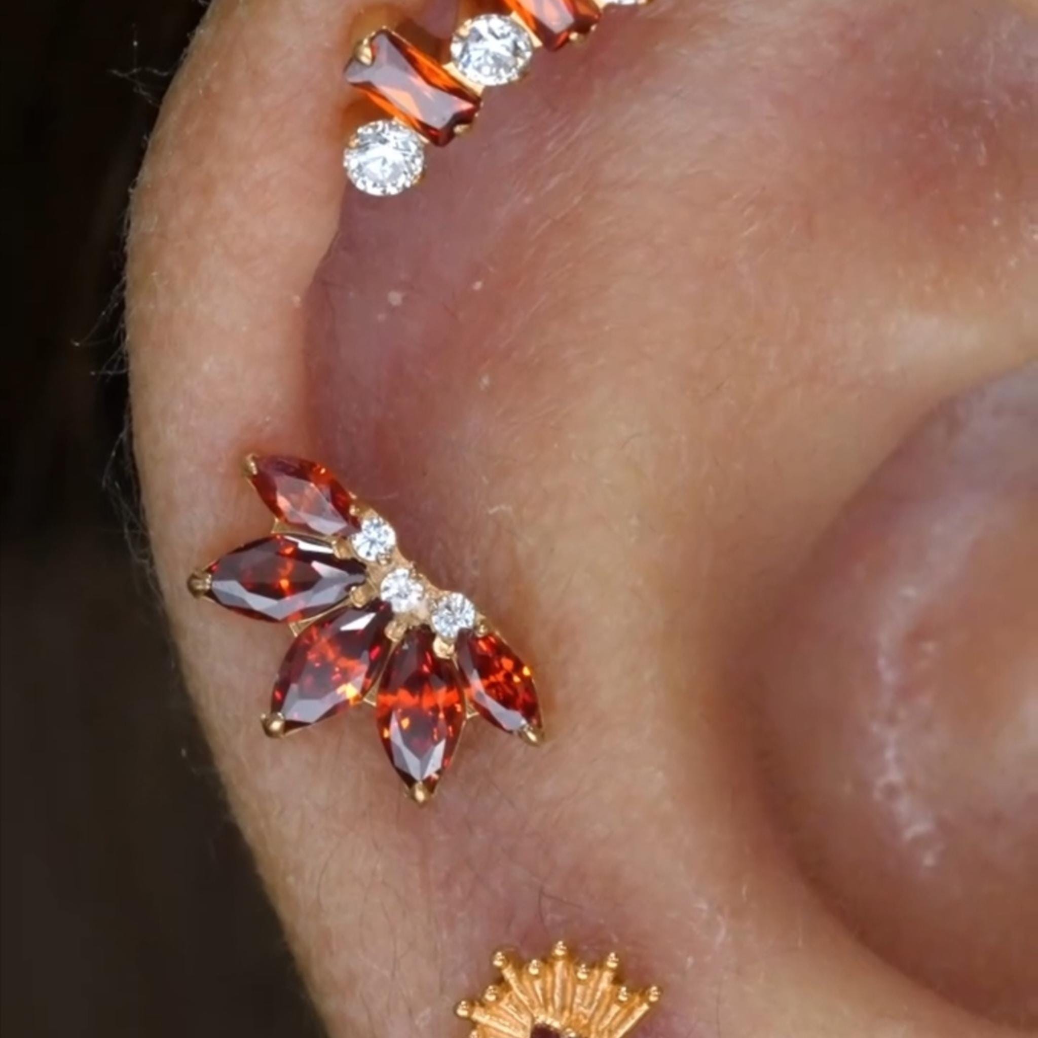 16G Gold Titanium Red Lotus Stud, Ruby Marquise CZ Fan Cartilage Earring, Flat Back Labret for Helix Conch, Hypoallergenic Piercing