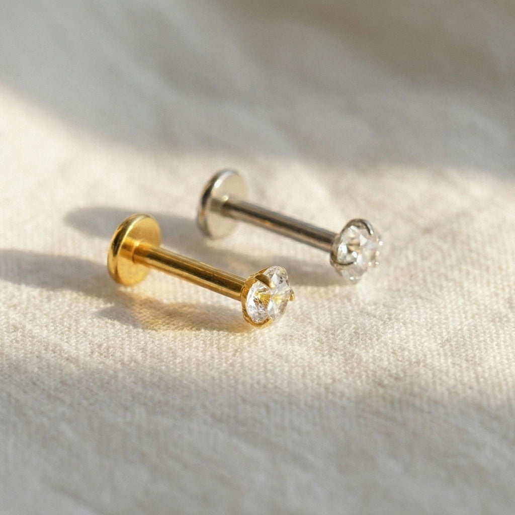 16G Titanium Heart CZ Stud, Internally Threaded Flat Back Labret, Tragus Helix Cartilage Earring, Hypoallergenic Nose Piercing