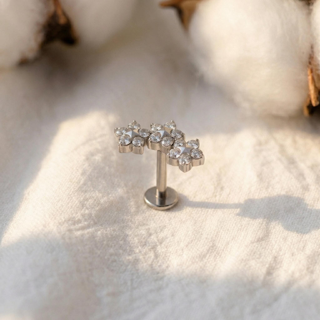 Titanium Trinity CZ Labret, Internally Threaded Tragus Stud, Triple Flower Cartilage Earring, Floral Monroe Medusa Piercing Jewelry
