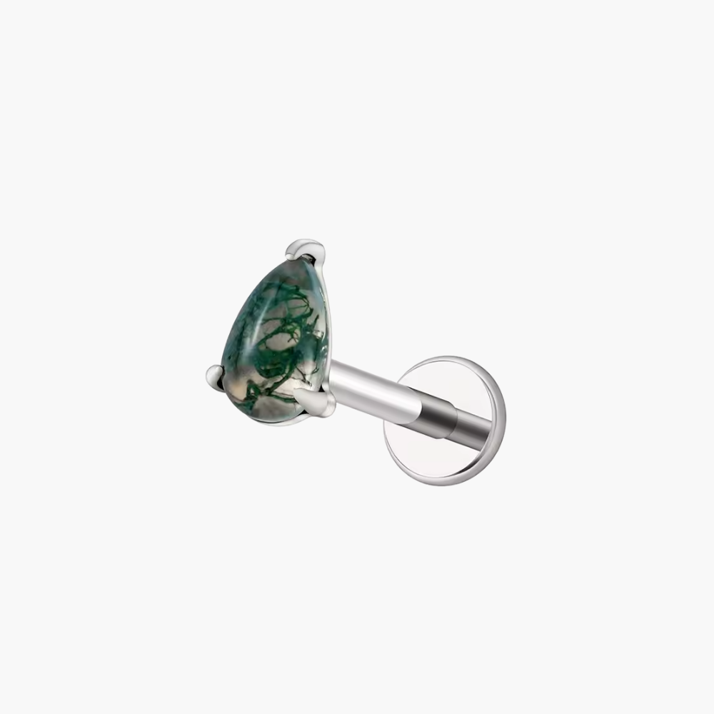 Moss Agate Pear Stud – Titanium Natural Stone Flat Back Labret