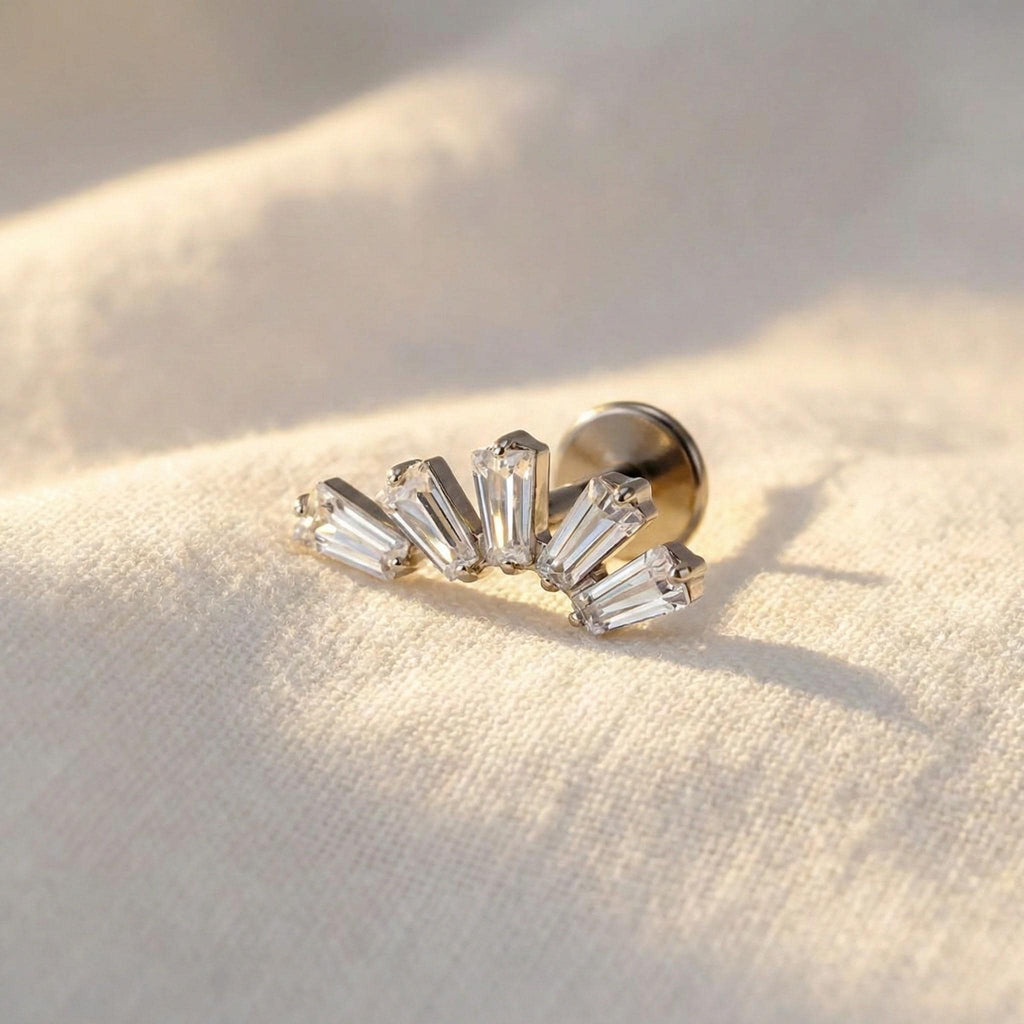 Titanium Baguette CZ Labret, 16G Trapezoid Cluster Stud, Tragus Helix Conch Cartilage Earring, Hypoallergenic Flat Back