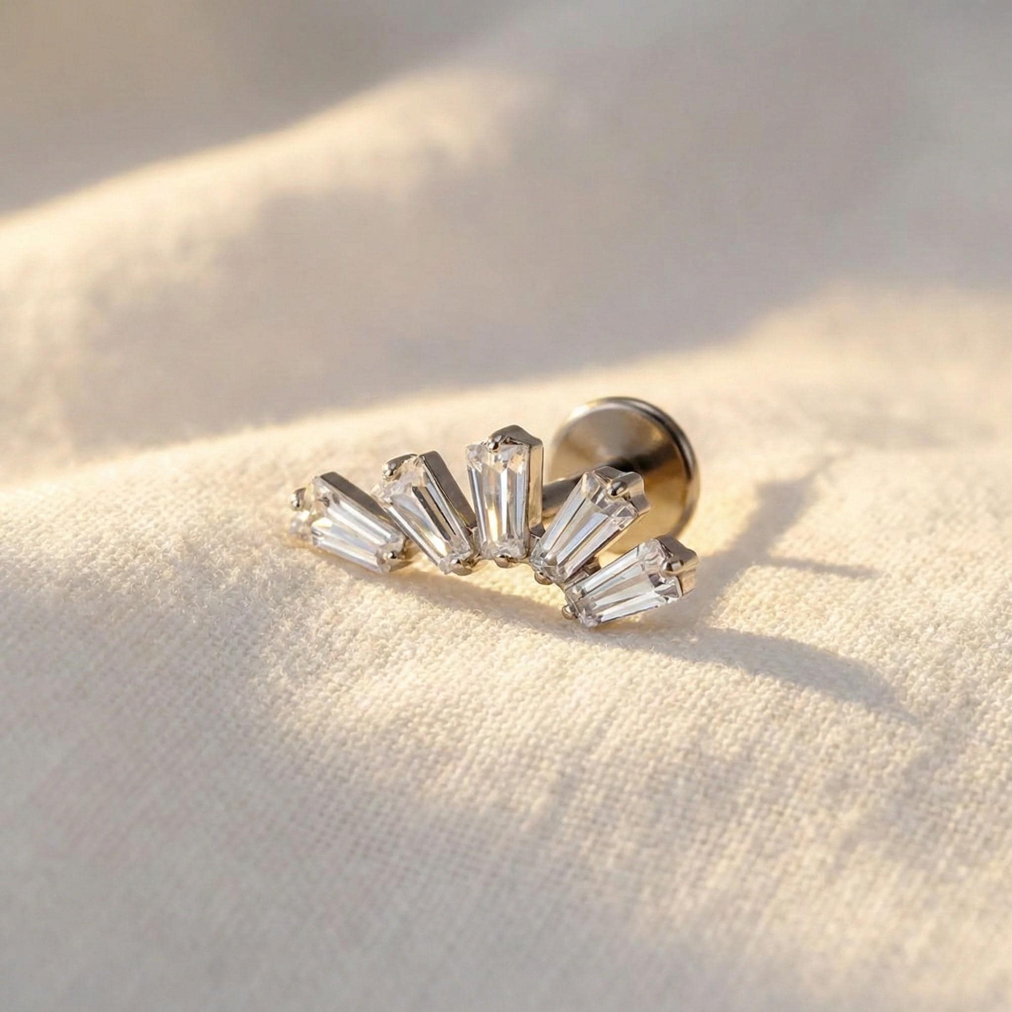 Titanium Baguette CZ Labret, 16G Trapezoid Cluster Stud, Tragus Helix Conch Cartilage Earring, Hypoallergenic Flat Back