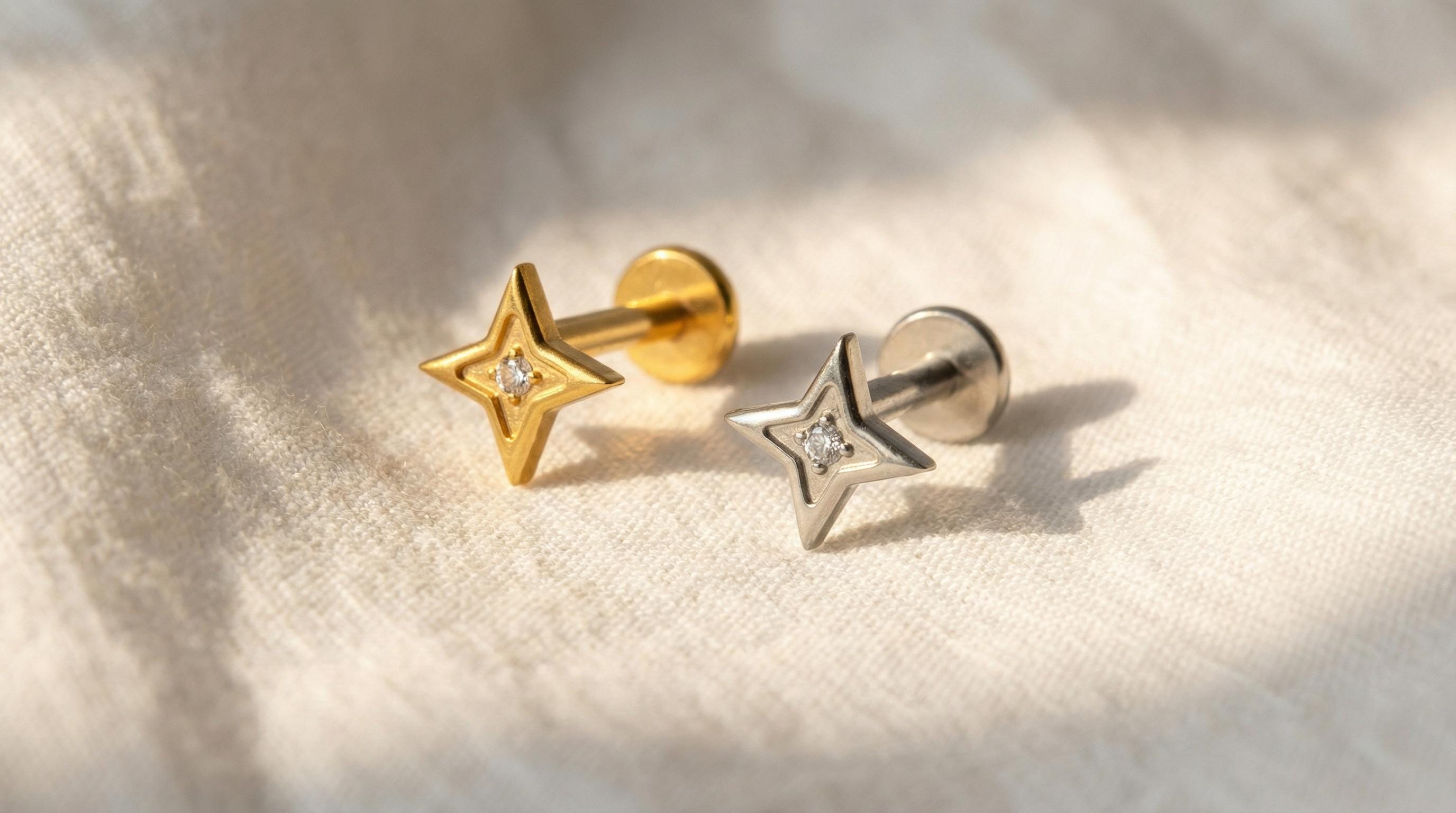 16G Titanium North Star Stud, CZ Four Point Star Flat Back, Internally Threaded Lip Medusa Monroe Ring, Helix Tragus Cartilage