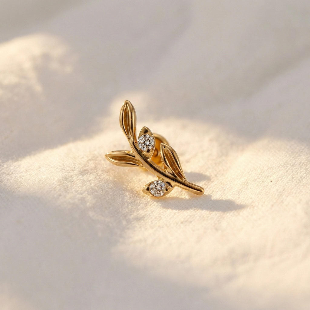 16G Titanium Olive Leaf Branch Stud • Flat Back Earring for Cartilage, Helix, Tragus, Conch & Labret Piercings / Dainty Jewelry Gift
