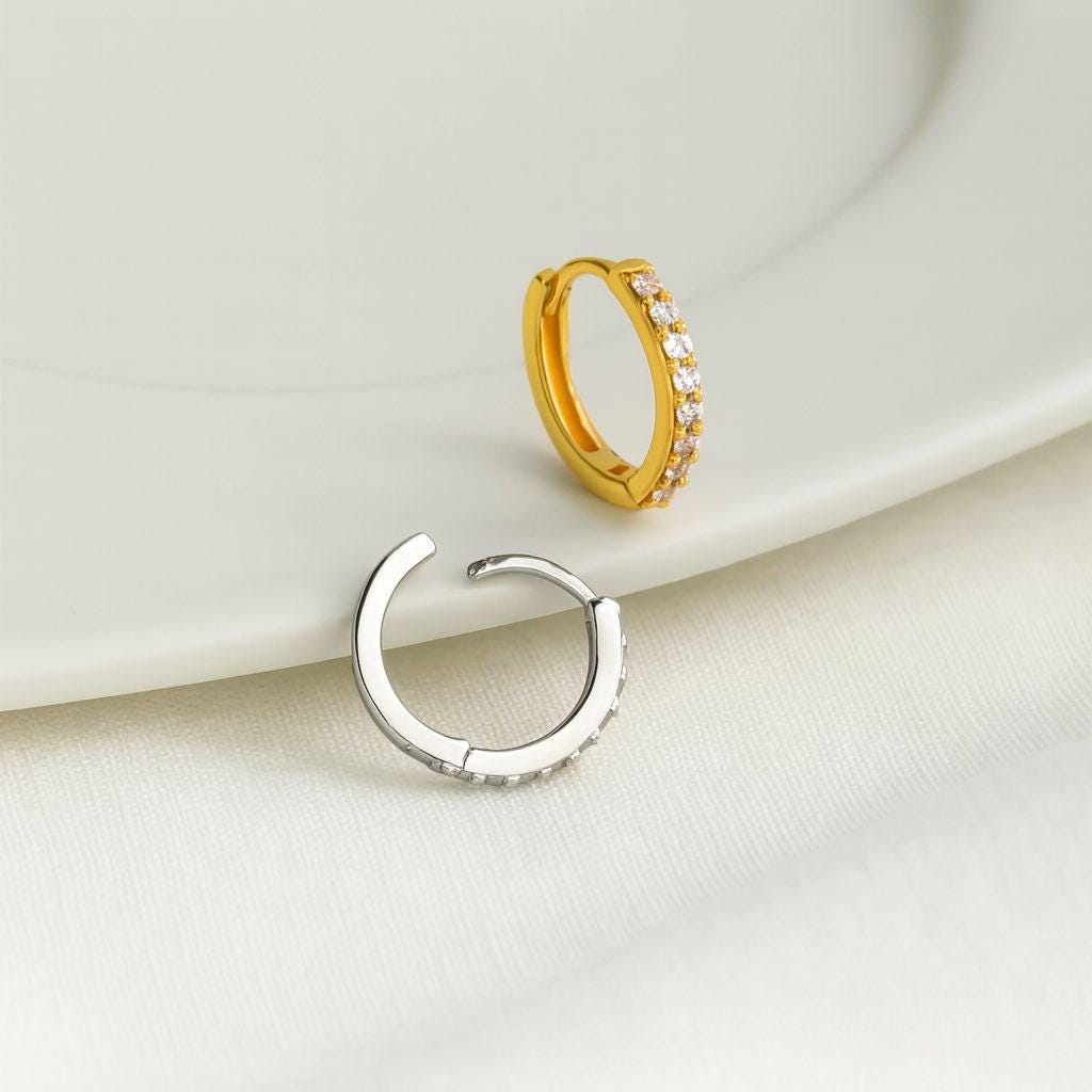 Skinny CZ Huggie Hoops in Sterling Silver, Silver or Gold, Minimalist Hoop Earrings, 6mm, 7mm, 8mm Hoops, cartilage hoops