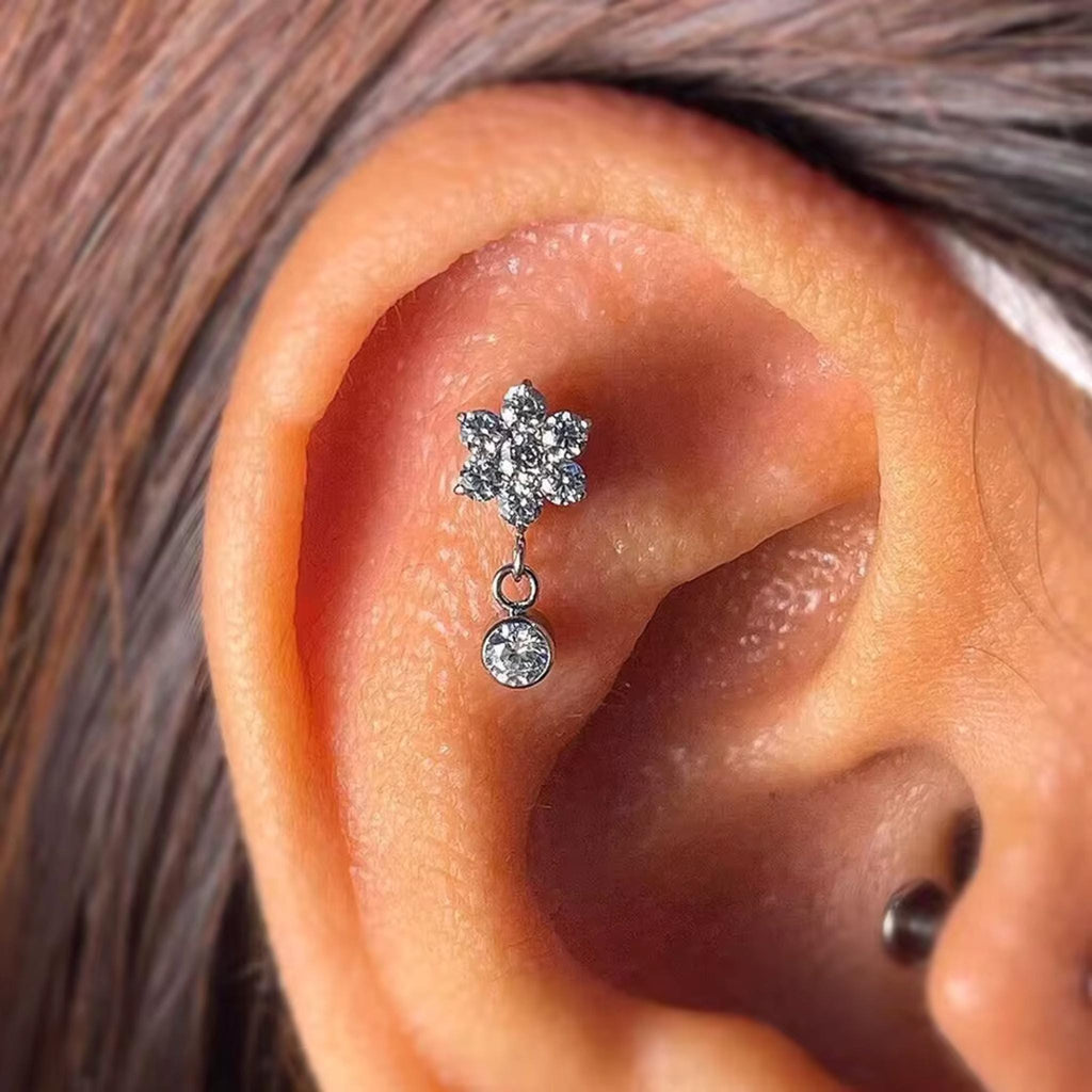 16G Titanium Flower Dangle Stud, CZ Drop Charm Flat Back Earring, Crystal Blossom Helix Tragus Lobe Piercing, Dainty Bridal Jewelry