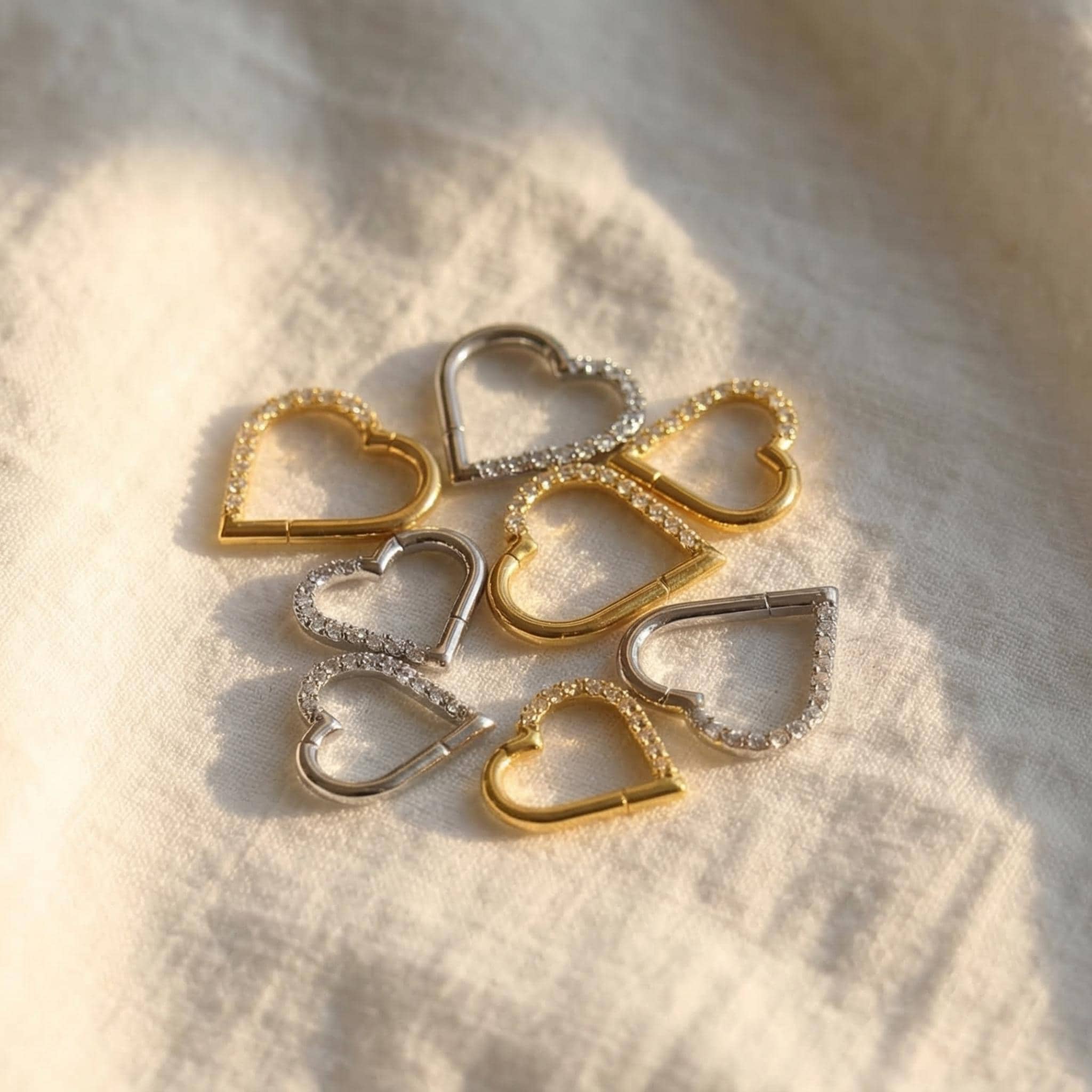 16G Titanium Heart CZ Daith Earring, 8mm Silver Helix Hoop Earring, Gold Cartilage Ring Clicker, Hinged Left Right Ear Piercing