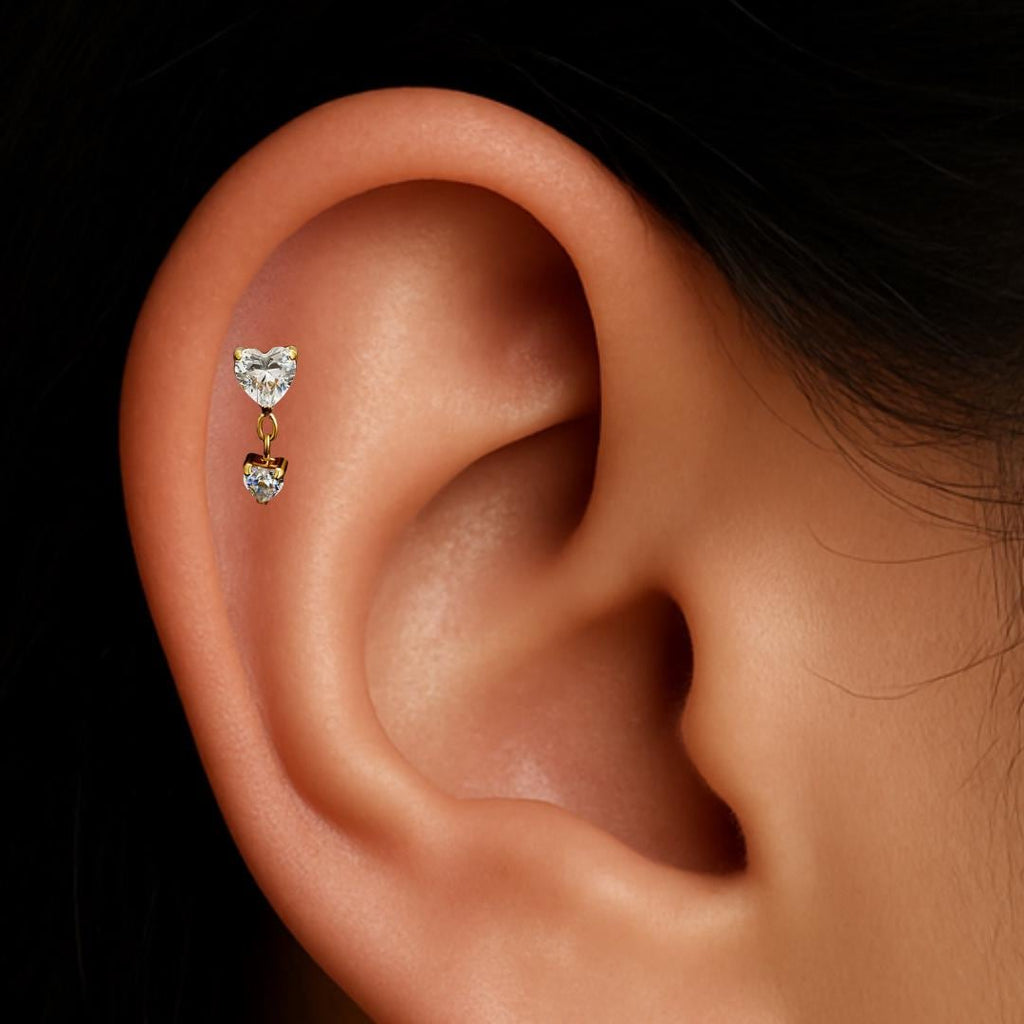 16G Titanium Heart Dangle Stud, Tiny CZ Drop Cartilage Earring, Flat Back Helix Tragus Piercing, Hypoallergenic Labret