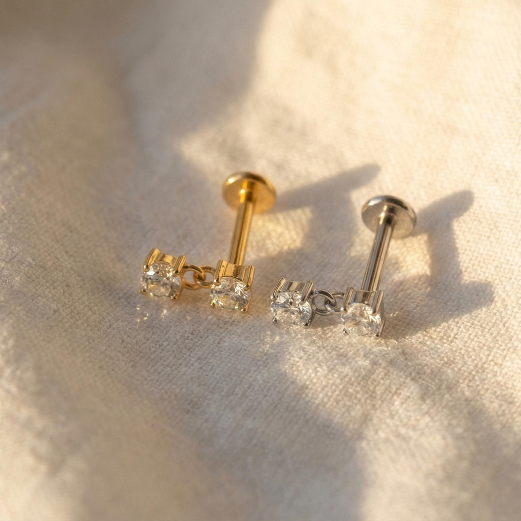 16G Titanium Double CZ Dangle Stud, Internally Threaded Tragus Piercing, Floating Drop Charm, Helix Cartilage Earring