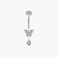 Implant-grade titanium (ASTM F136) curved barbell with a butterfly charm and CZ teardrop for navel piercings