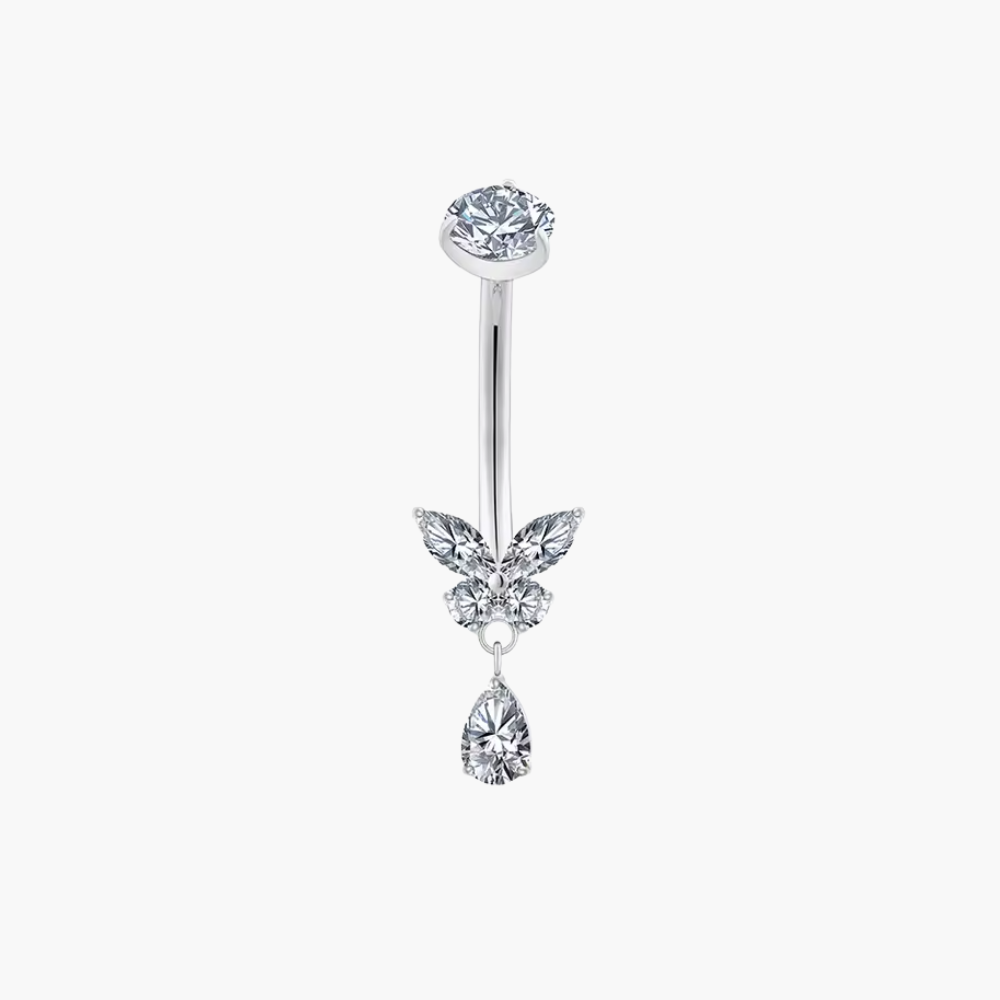 Implant-grade titanium (ASTM F136) curved barbell with a butterfly charm and CZ teardrop for navel piercings