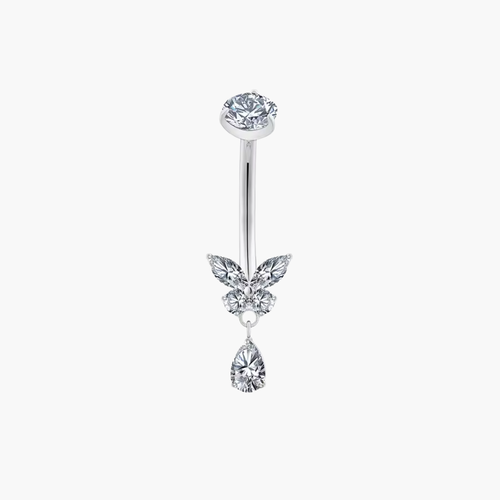 Implant-grade titanium (ASTM F136) curved barbell with a butterfly charm and CZ teardrop for navel piercings