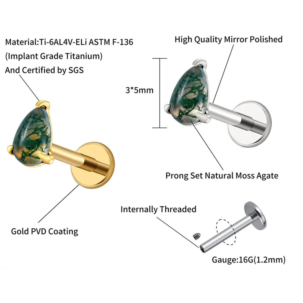 16G Titanium Pear Moss Agate Stud, Natural Stone Flat Back Labret, Teardrop Helix Tragus Earring, Hypoallergenic Cartilage Piercing