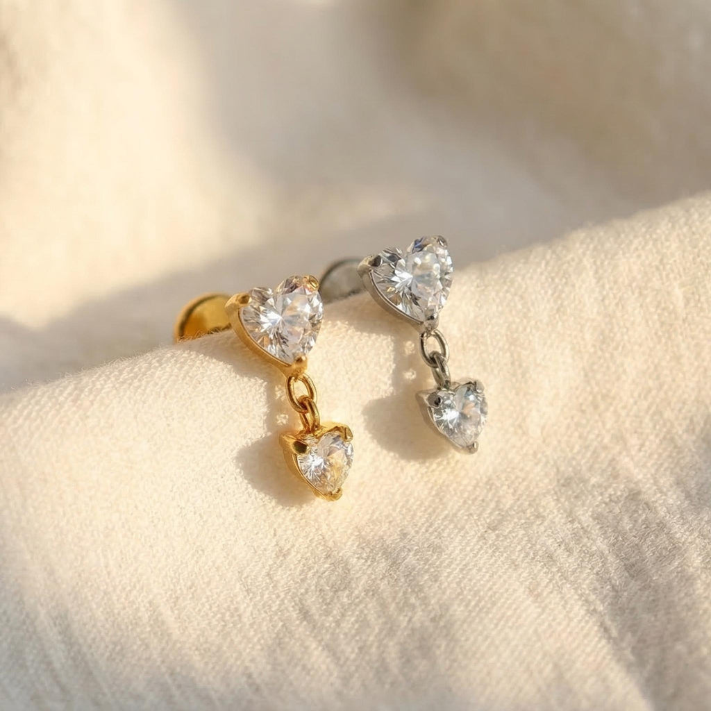 16G Titanium Heart Dangle Stud, Tiny CZ Drop Cartilage Earring, Flat Back Helix Tragus Piercing, Hypoallergenic Labret