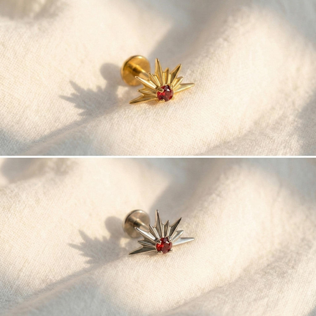 16G Titanium CZ Starburst Stud • Sunrise Flat Back Earring for Helix, Tragus, Cartilage & Monroe Piercings